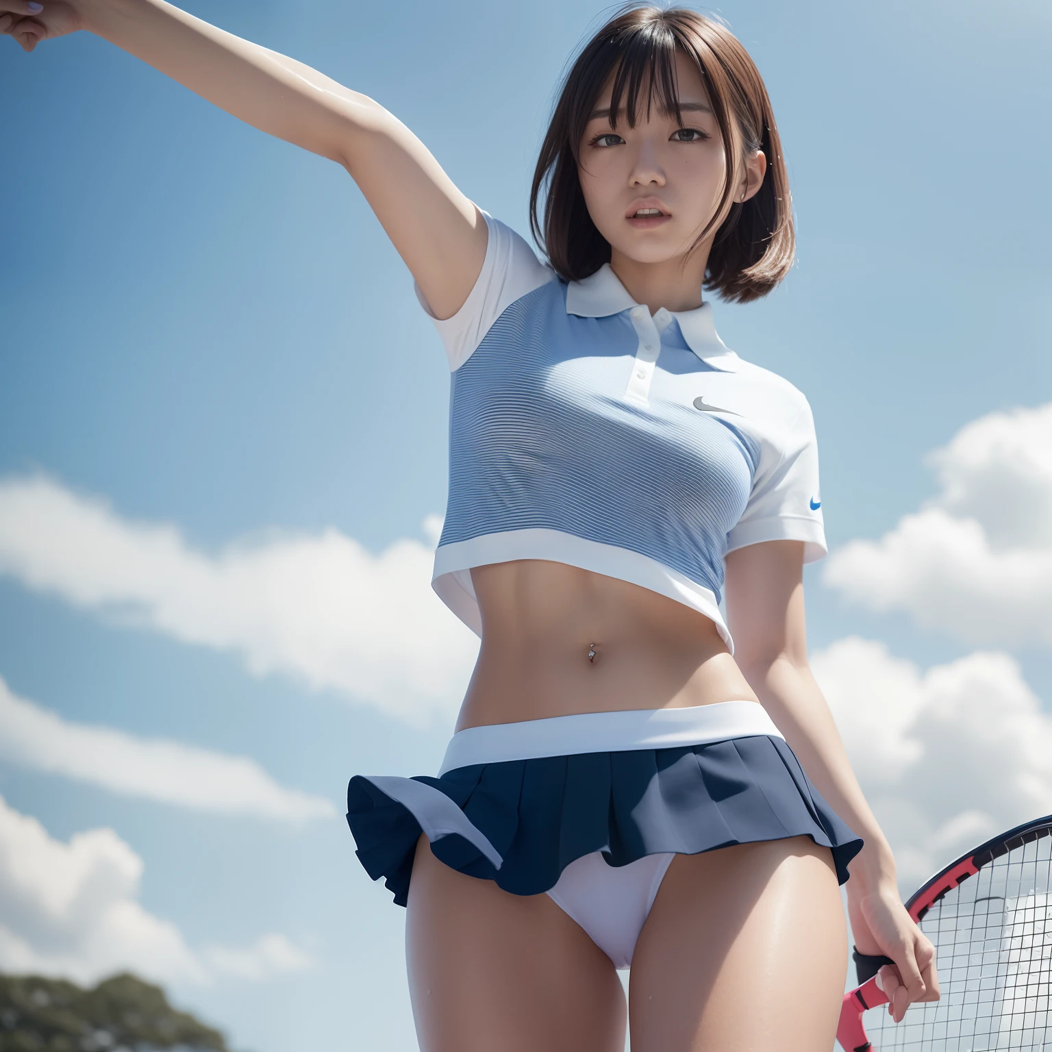 (Solo), (a detailed full-body RAW photo of a girl), (masutepiece:1.0), (Best Quality:1.4), (超A high resolution:1.2), (Photorealistic:1.4), 8K resolution, Canon EOS R5, 50 millimeters, absurderes, ultra-detailliert, (40yo), Cinematic lighting, Detailed beautiful face, (no-makeup:1.2), (ulzzang -6500-v1.1), petite figure, Detailed skin texture, (flat chest:1.4), (skinny and fit body:1.6), Detailed brown hair, sweltering,(Very short hair:1.5), See Through wear, no bra, (nike, blue and white fit polo shirts with erect nipple and thin tennis skirt:1.5), upskirt, wind, More transparent, realistic glistening skin, Detailed texture, Cameltoe, well-developed abs, wet wear, dynamic pose, panty shot from below, crotch focus, blue sky, (satomi ishihara:0.8), bikini tan,