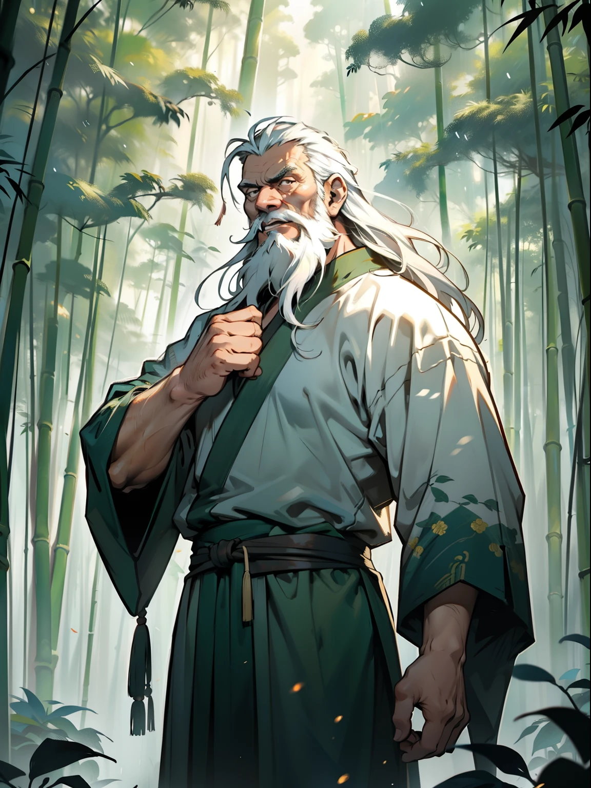 Deep in the bamboo forest, Chinese Ancient Times，raining day, A middle-aged male, 50yearsold, With a beard，long whitr hair，emaciated，dressed white hanfu, Standing in a bamboo forest, A hand touched his beard，Place one hand behind your back，look up to，Quiet, Cinematic lighting, in a panoramic view, Masterpiece, ccurate, Super detail, Award-Awarded, Best quality