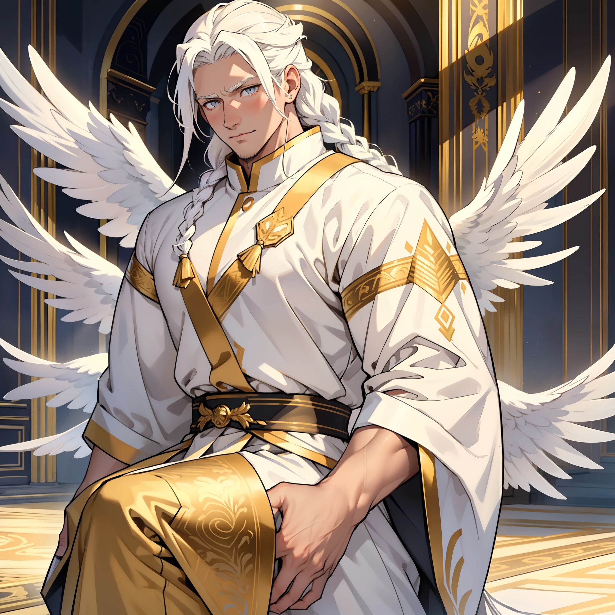 Handsome male. Long white hair. Golden eyes. Roman nose. Shy look. Soft doe eyes. Ecstasy expression. Royal white and gold attire. Huge white wings. Bulge in pants. White Phoenix. Shy. Shy. Braided hair. Bara male. Detailed body. Drooling. Begging.