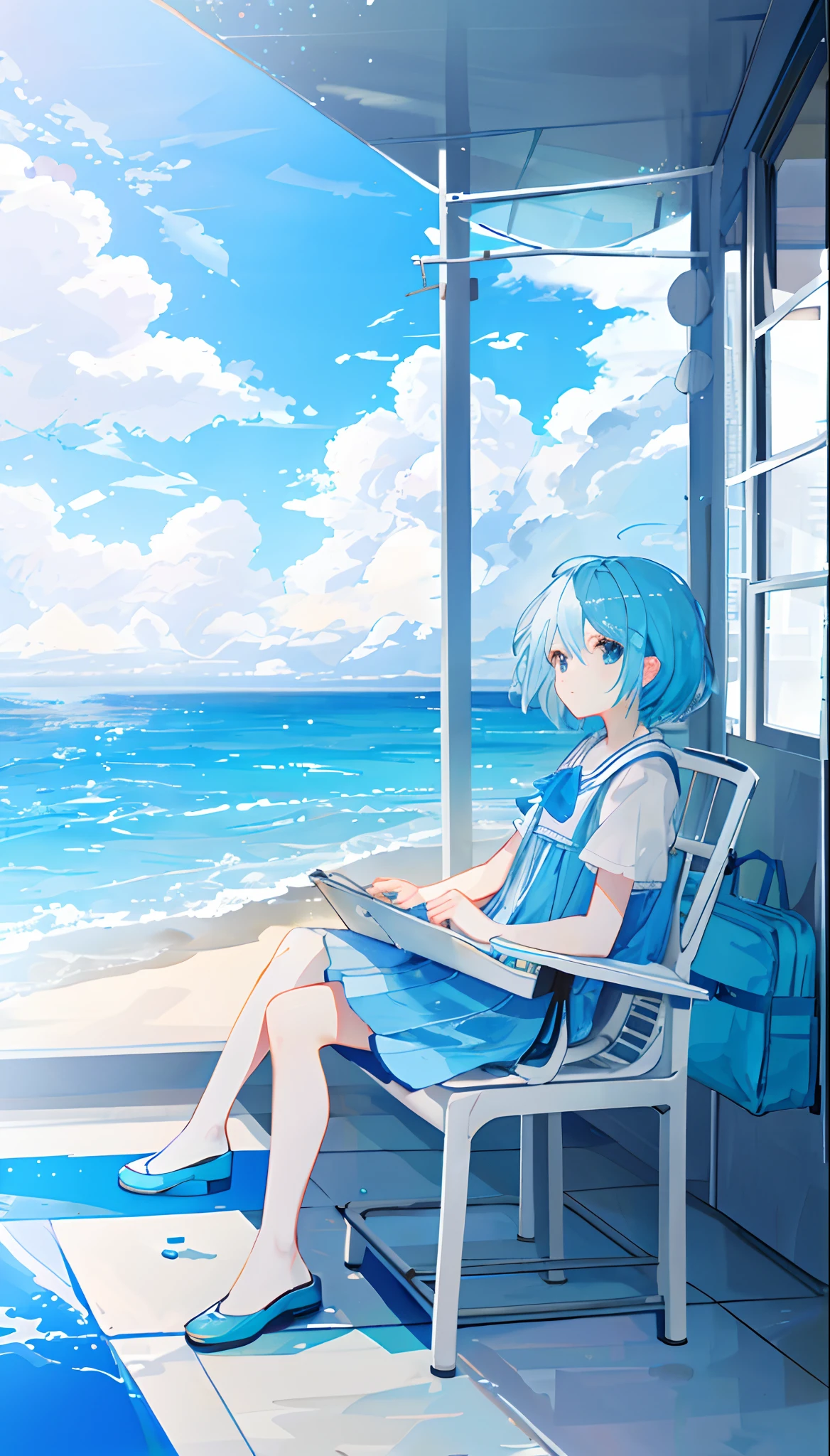 A beautiful sky with blue ocean and a chair for me to sit and stare at the sea and ocean