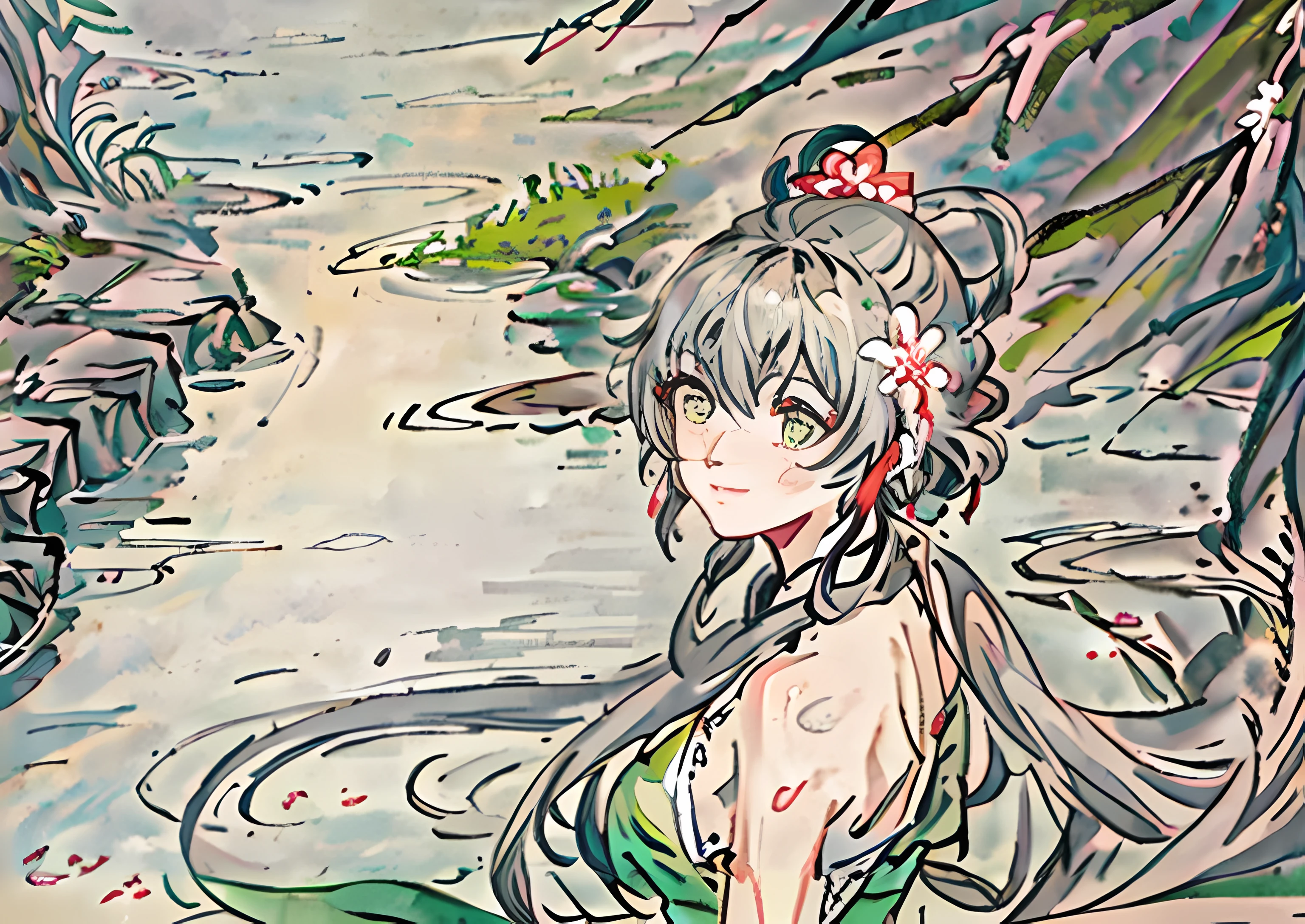 Anime girl green dress with fish in the river, inspired by Yanagawa Shigenobu, manga painting, Vintage 7 0 s anime watercolor, watercolor detailed art, Official artwork, watercolour painting style, Beautiful anime artwork, Chinese watercolor style, Inspired by Ishikawa Mamoru, Anime Paintings, fantasy watercolor, Japanese art style, Anime style artwork