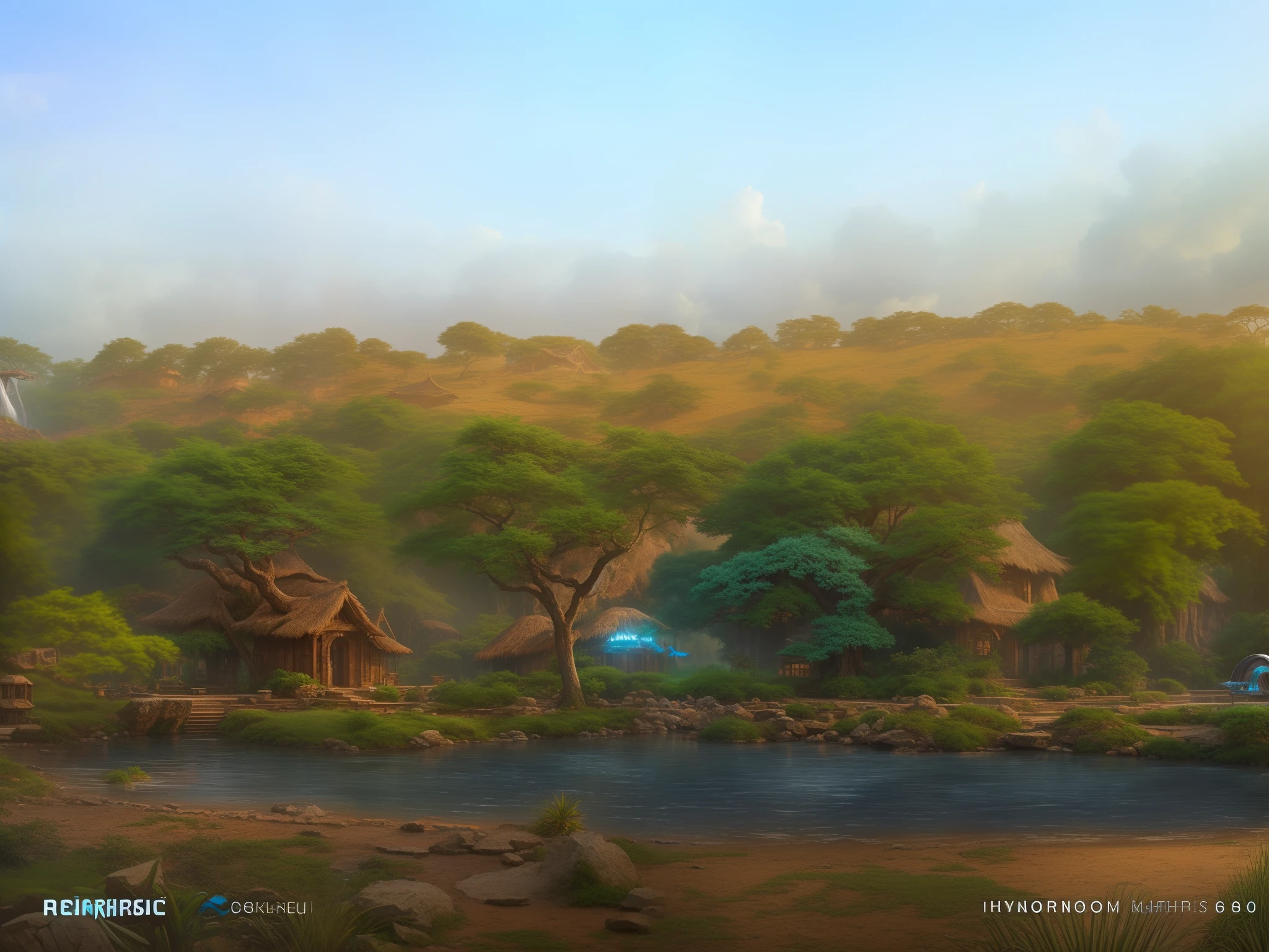 masterpiece, best quality, high quality, extremely detailed CG unity 8k wallpaper, a hyperrealistic colossal cyan raintree, in a futuristic prehistoric village, splashing water, sandy debris, lens flares, sunshaft, fluffy clouds, Hyperdetailed, HDR, bloom, Photorealistic, hyperdetailed