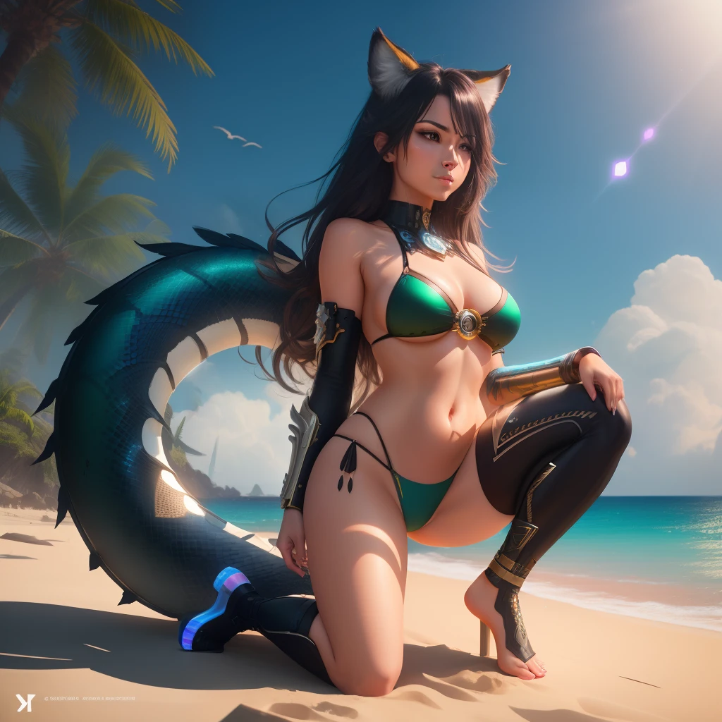 creates a 21 year old girl, on the beach, bikini shirt babadinha color green with red, sadalias silver color with bow, long black hair 1.65 meters natural, with natural brown eyes, natural cheerful mouths, towel on the hips, with the bodies inside, face, chest, belly, feather, feet, with ipes position, on the sides coconut foot, with bird, fox, dragon, tiger, snake, with front face, with animals,
Dramatic lighting,
Anthropomorphic,
8k,
Very detailed,
Cinematic lighting,
Unreal engine,
Octane render,
Photorealistic,
Hyperrealistic,
Sharp focus,
Rim lighting,
Soft lighting,
Volumetric,
Surreal,
Realistic CGI,
Fantastic backlight,
HDR,
Studio light,
Internal glow,
Iridescent,
Cyberpunk,
Steampunk,
Intricate filigree metal design,
Bionic futurism,
Ray tracing,
Symmetrical,
Atompunk,
Multiverse,
Concept art,
Time loop,
Maximum texture,
Futurism,
Dynamic.