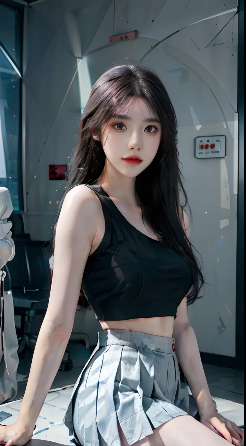 Silver Wolf, Masterpiece, Best quality, Ultra detailed, Extremely detailed 16k CG wallpaper, Beautiful face, (Silver Wolf in Esports Room), (Perfect Beautiful Curved Figure), Seated, Rainbow Color Jewel Eyes, Wearing Resin Hologram Sports Bra, Crop Top Drape, Mini pleated skirt, Bell collar, logo, impotence, Contour light, Concert, neon lights sign, Audio, Bell collar, Esports Headset, Computer, Esports Room, Play games, White interior through red skin, holographic projections, Flat sphere, Graffiti logo, highly detailed tattoo_,