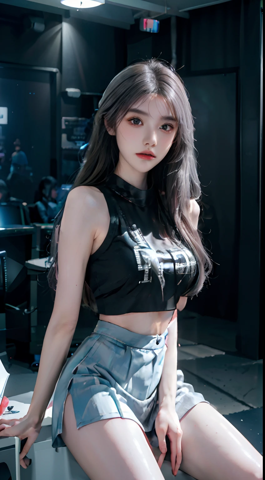 Silver Wolf, Masterpiece, Best quality, Ultra detailed, Extremely detailed 16k CG wallpaper, Beautiful face, (Silver Wolf in Esports Room), (Perfect Beautiful Curved Figure), Seated, Rainbow Color Jewel Eyes, Wearing Resin Hologram Sports Bra, Crop Top Drape, Mini pleated skirt, Bell collar, logo, impotence, Contour light, Concert, neon lights sign, Audio, Bell collar, Esports Headset, Computer, Esports Room, Play games, White interior through red skin, holographic projections, Flat sphere, Graffiti logo, highly detailed tattoo_,