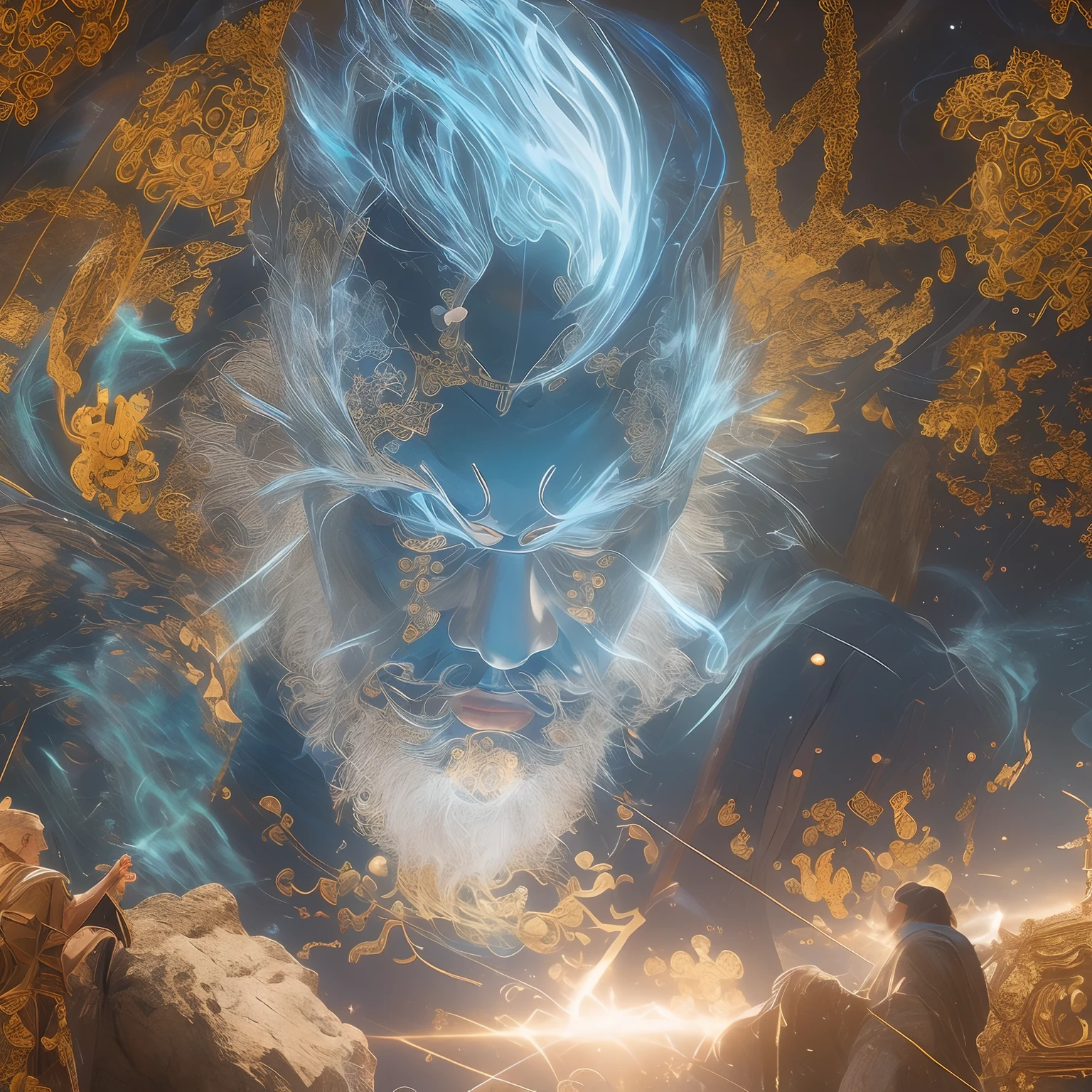 cultivating immortals，Taoist， A figure stands in front of a golden Taoist priest，Soaring