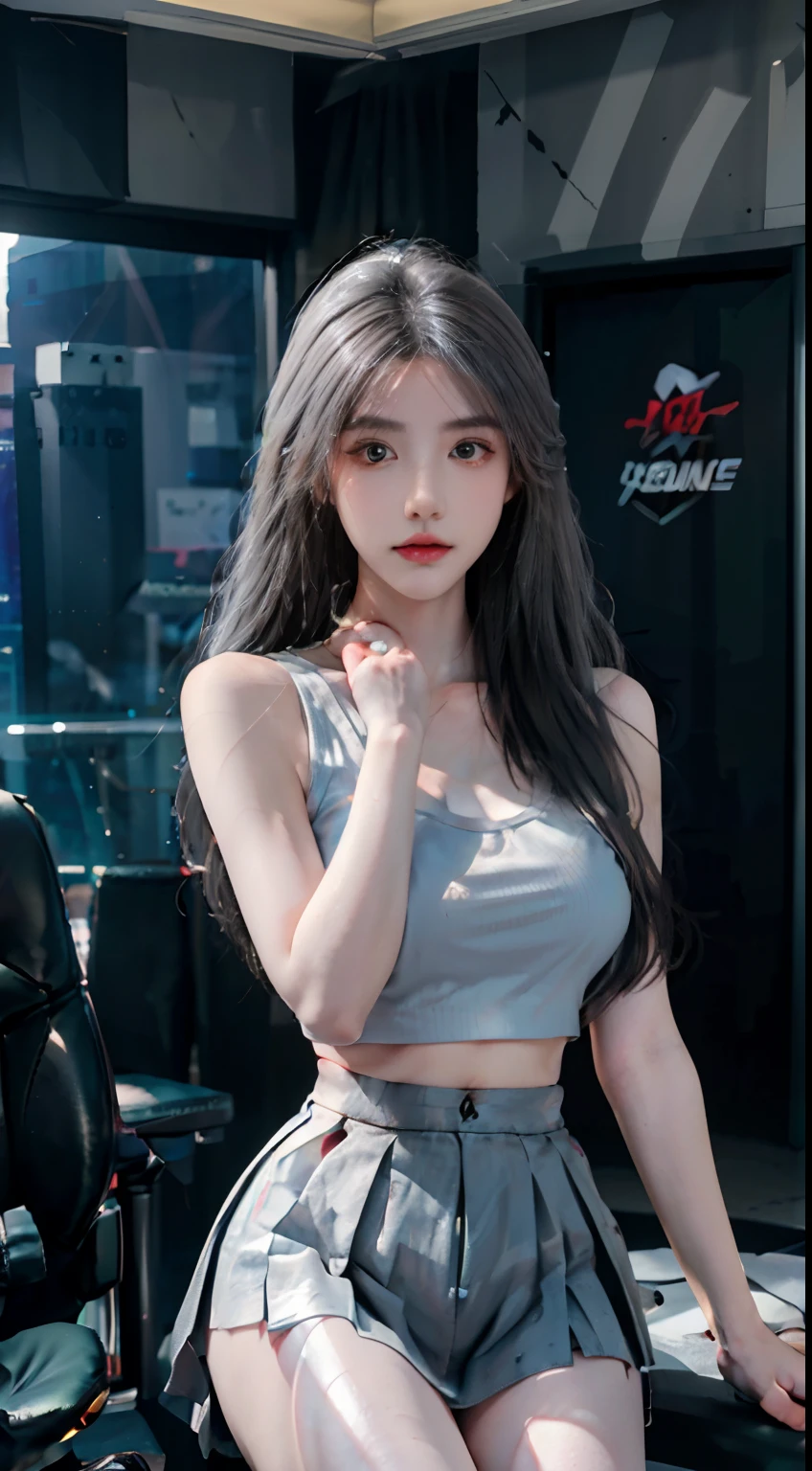 Silver Wolf, Masterpiece, Best quality, Ultra detailed, Extremely detailed 16k CG wallpaper, Beautiful face, (Silver Wolf in Esports Room), (Perfect Beautiful Curved Figure), Seated, Rainbow Color Jewel Eyes, Wearing Resin Hologram Sports Bra, Crop Top Drape, Mini pleated skirt, Bell collar, logo, impotence, Contour light, Concert, neon lights sign, Audio, Bell collar, Esports Headset, Computer, Esports Room, Play games, White interior through red skin, holographic projections, Flat sphere, Graffiti logo, highly detailed tattoo_,