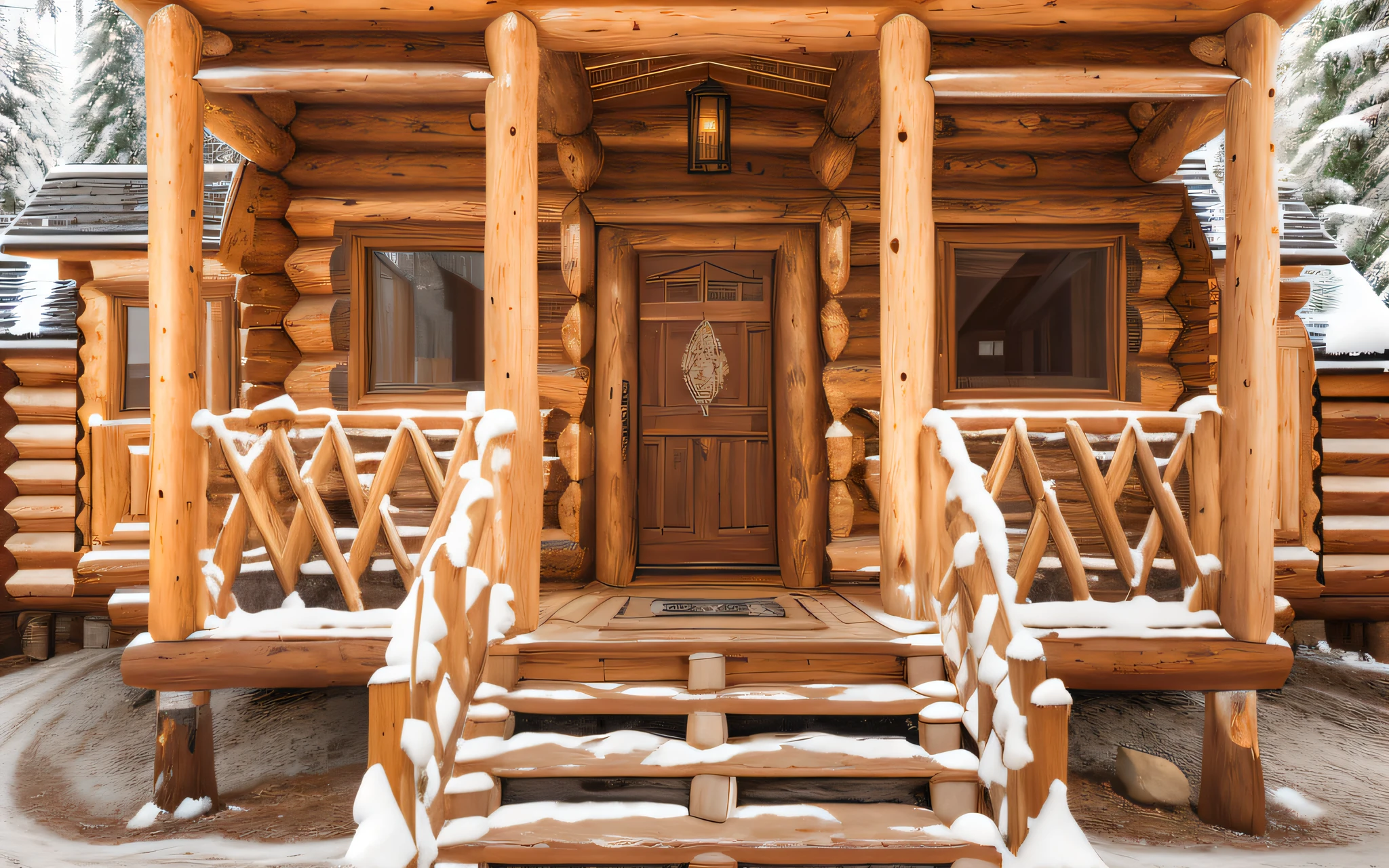Alafard chalet,Features a front porch and steps to the front door, log homes, luxurious wooden cottage, log cabin, peaceful wooden mansion, Wooden house, Lodge, wooden cabin, wood door, subtle detailing, pristine and clean design, With front porch, log cabin beneath the alps, The cabin, wood accents, detailed surroundings, with lots of details