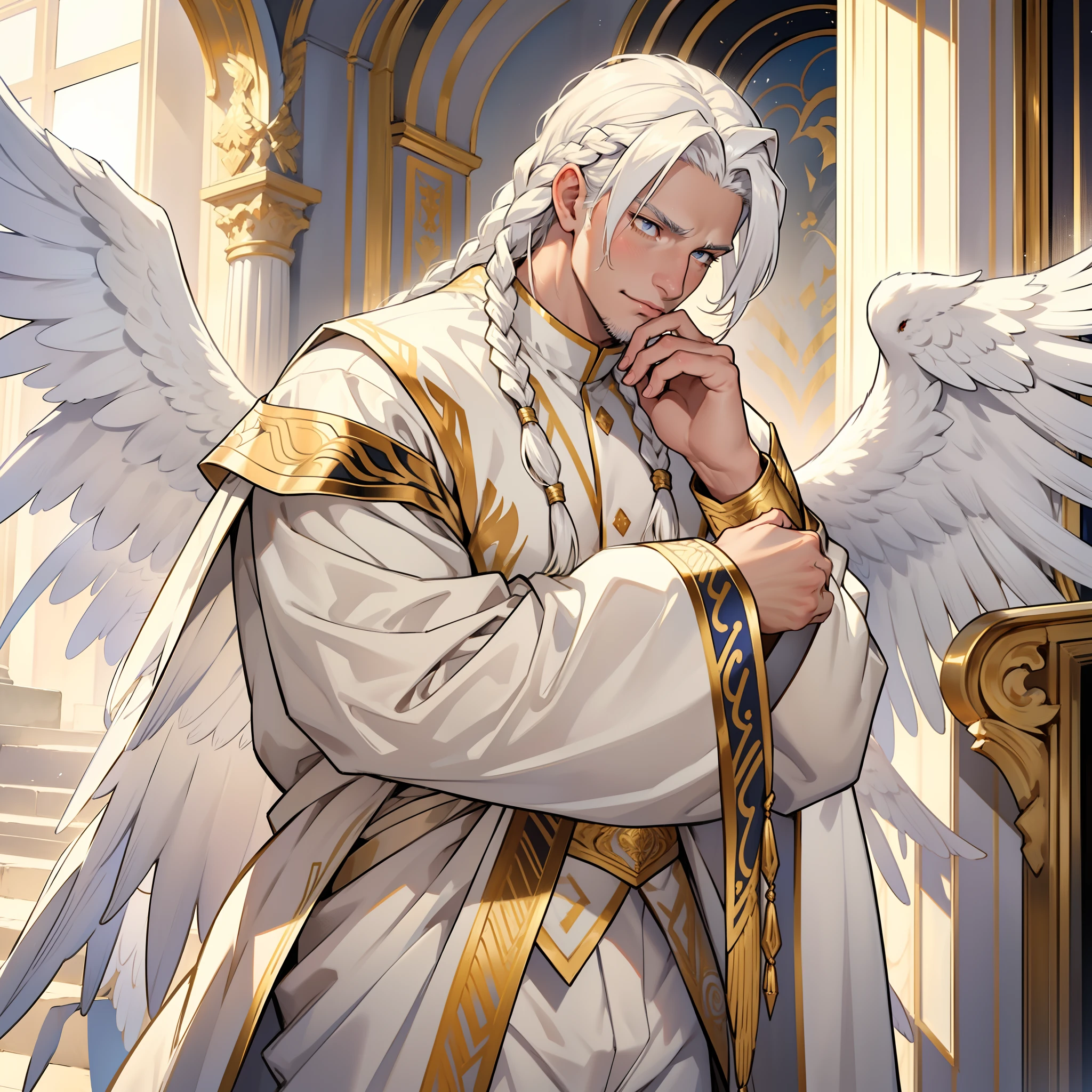 Handsome male. Long white hair. Golden eyes. Roman nose. Shy look. Soft doe eyes. Ecstasy expression. Royal white and gold attire. Huge white wings. Bulge in pants. White Phoenix. Shy. Shy. Braided hair. Bara male. Detailed body. Drooling. Begging.