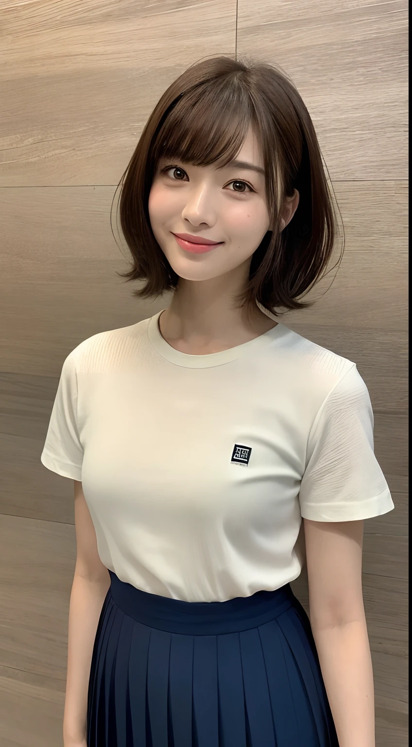 (8K、Raw photography、top-quality、masuter piece:1.2)、ultra-detailliert、ultra res、(realisitic、rialistic photo:1.37)、portlate、high-definition RAW color photography、Professional Photography、highly detailed and beautiful、ighly detailed、8K Picture Wallpaper、amazing detailed、huge filesize、Official art、Highly detailed CG Unity 8K wallpapers、highly detailed beautiful girl、extra detailed face、extremely detailed eye、highlydetailed skin、extremely detailed fingers、highly detailed nose、very detailed detailed mouth、Perfect Anatomy、highly detailed back ground、Highly detailed clothing、女の子 1 人、(18:1.2)、Teen、Cute little girl s、famous Japan idol、cute little、Realistic body、小柄、de pele branca、glistning skin、Slim body、Handsome body、brown haired、short constricted curly hair、(Blunt bangs:1.2)、A smile、kawaii、zora々Right、kawaii faces、Lifelike face、Delicat eyes、Sauce order、White T-shirt、skirt by the、耳Nipple Ring、Looking at the camera、cowboy shot、front facing、Standing、Contrapo, high street, public, 动态照明,short-hair、bobhair、shorth hair