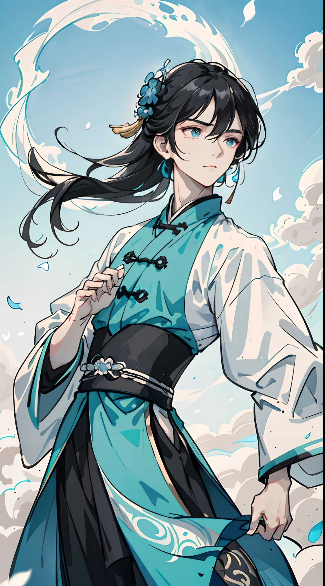 Mature boy, turquoise eyes, black-white hair color, floating hair, delicate and flexible eyes,perfect hands, intricate damask hanfu, side view, fov, f/1.8, masterpiece, ancient Chinese architecture, blue sky, flower petals flying, front portrait shot, Chang'e, side lighting, sunlight on people, 8K