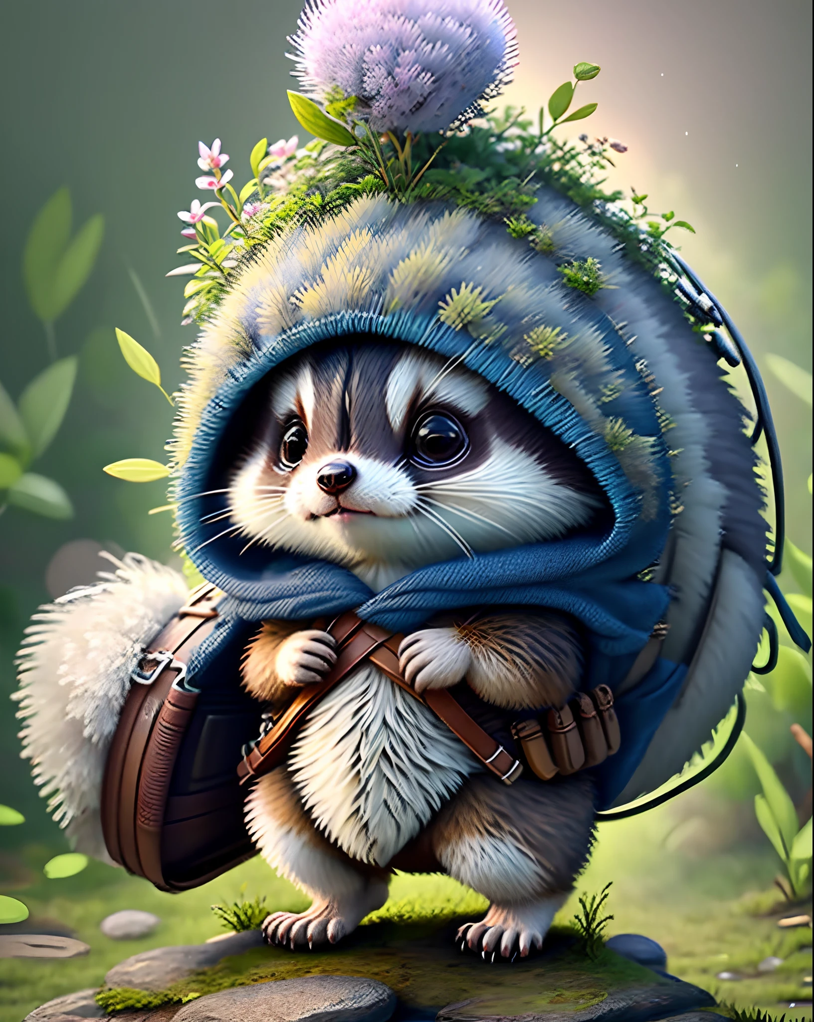 Top image quality、"Create cute creature masterpieces with inspired ultra-detailed concept art. Let your imagination come alive", (Raccoons), high detailing, in 8K、Top image quality、Dressed as a hunter in medieval Europe、Carrying a bow and arrow and a bow holder on his back、