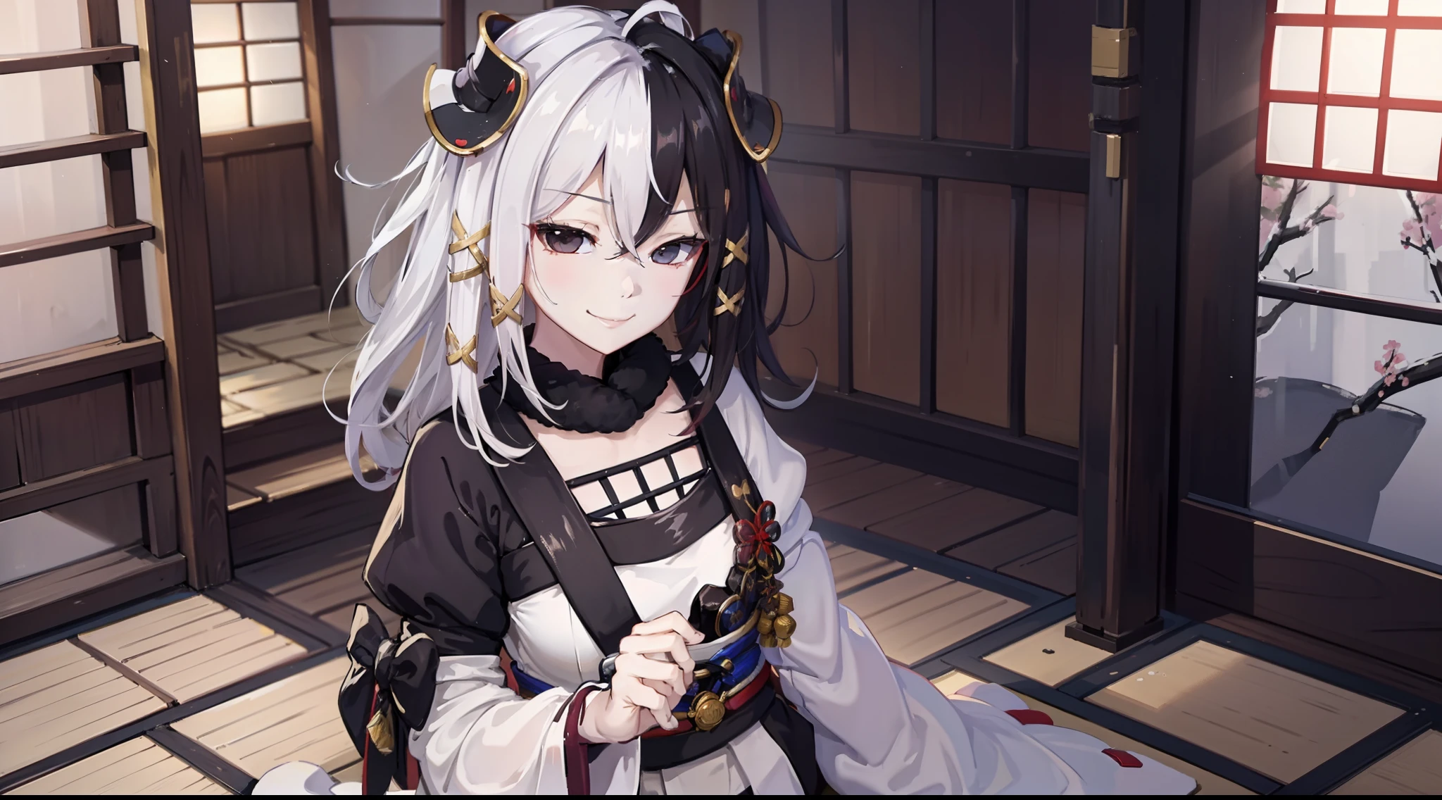 traditional japanese temple, traditional japanese female outfit, kimono, outside, naughty smile, domineering smile, arrogant expression, cocky attitude, masterpiece, best quality, 1 girl