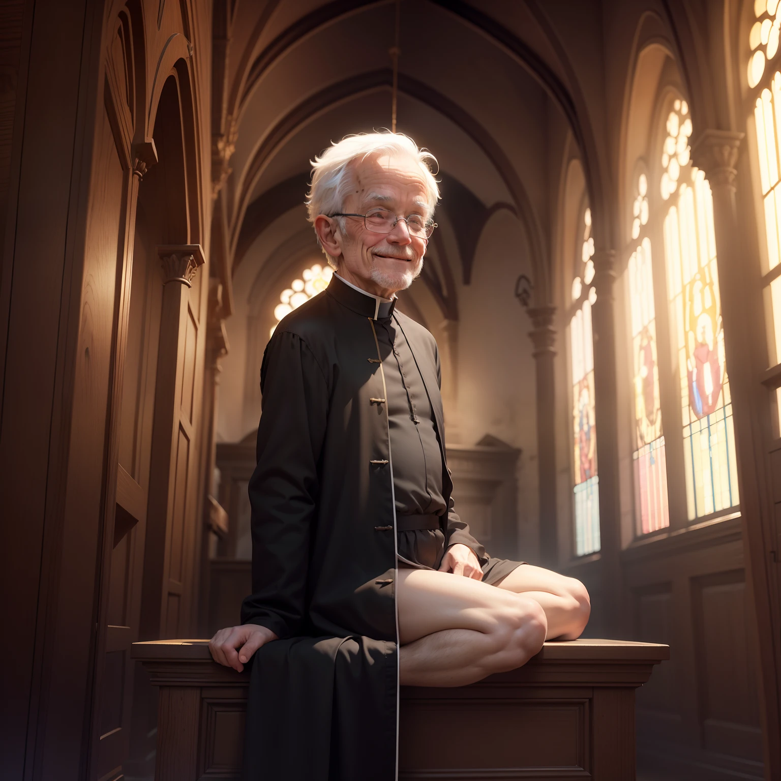 Small old man, naked, embarrassed, bottomless male, church, blushing, discarded priest cassock, smiling, confessional booth, raised legs, black socks
