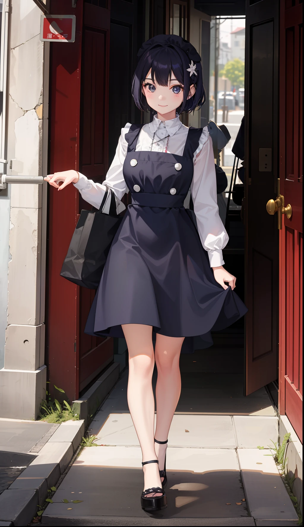 1girl in、A smile、A delightful! pinafore、doress、hair adornments、Maids(small tits)Walking briskly、