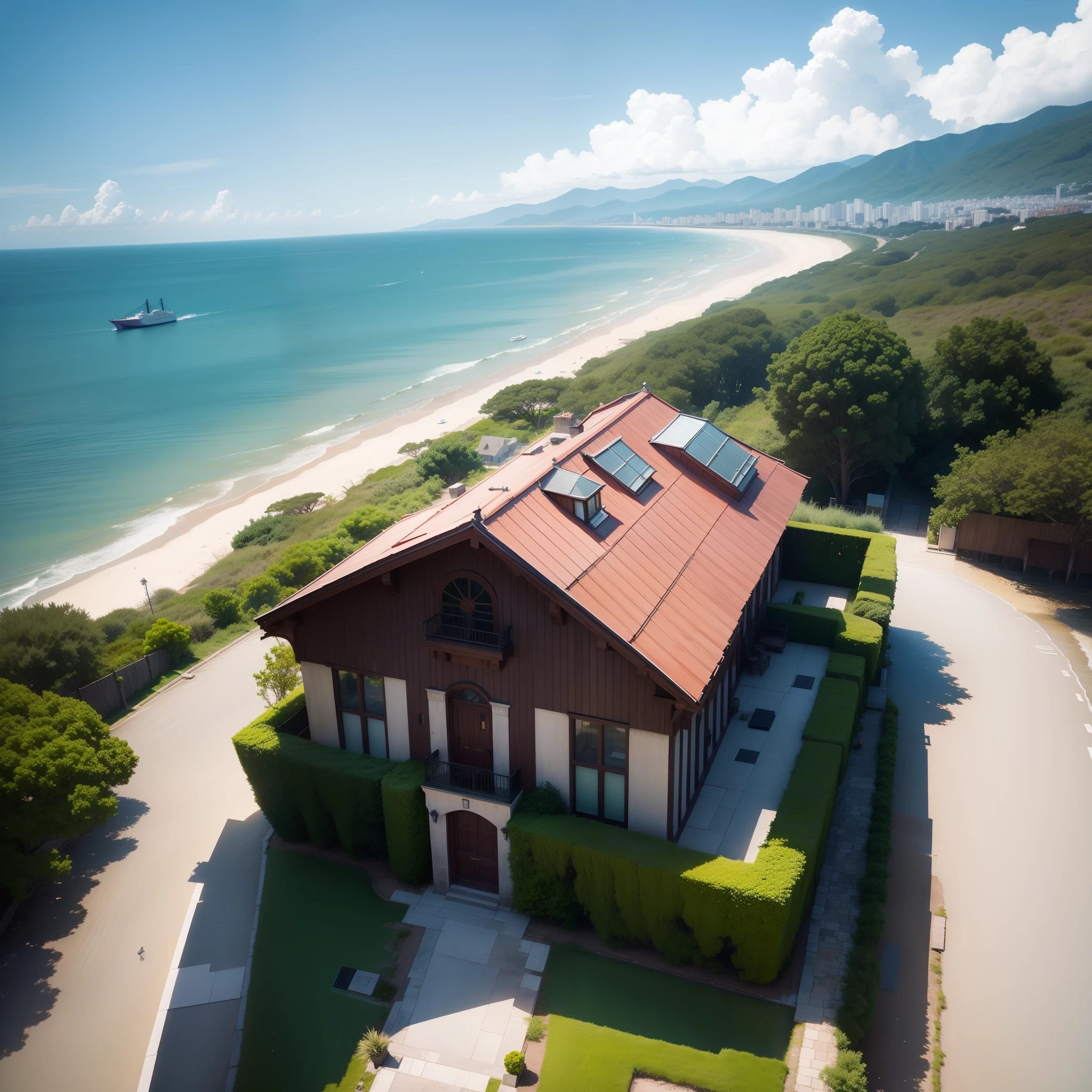 sea island,Detached building,There are buildings on the clouds,The most beautiful view,overlooks,the sea,Oversized ships