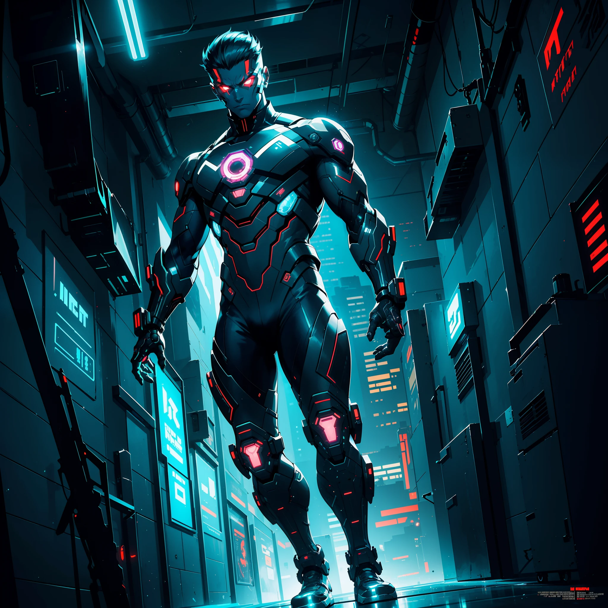 a skilled and enigmatic cybernetic mercenary who operates in the shadows of the futuristic metropolis. His appearance is marked by luminescent tattoos that shine through his cybernetic skin. His body is a true technological masterpiece, with enhanced cybernetic limbs and hidden implants that give him agility, strength and hacking abilities. (((illustration)))