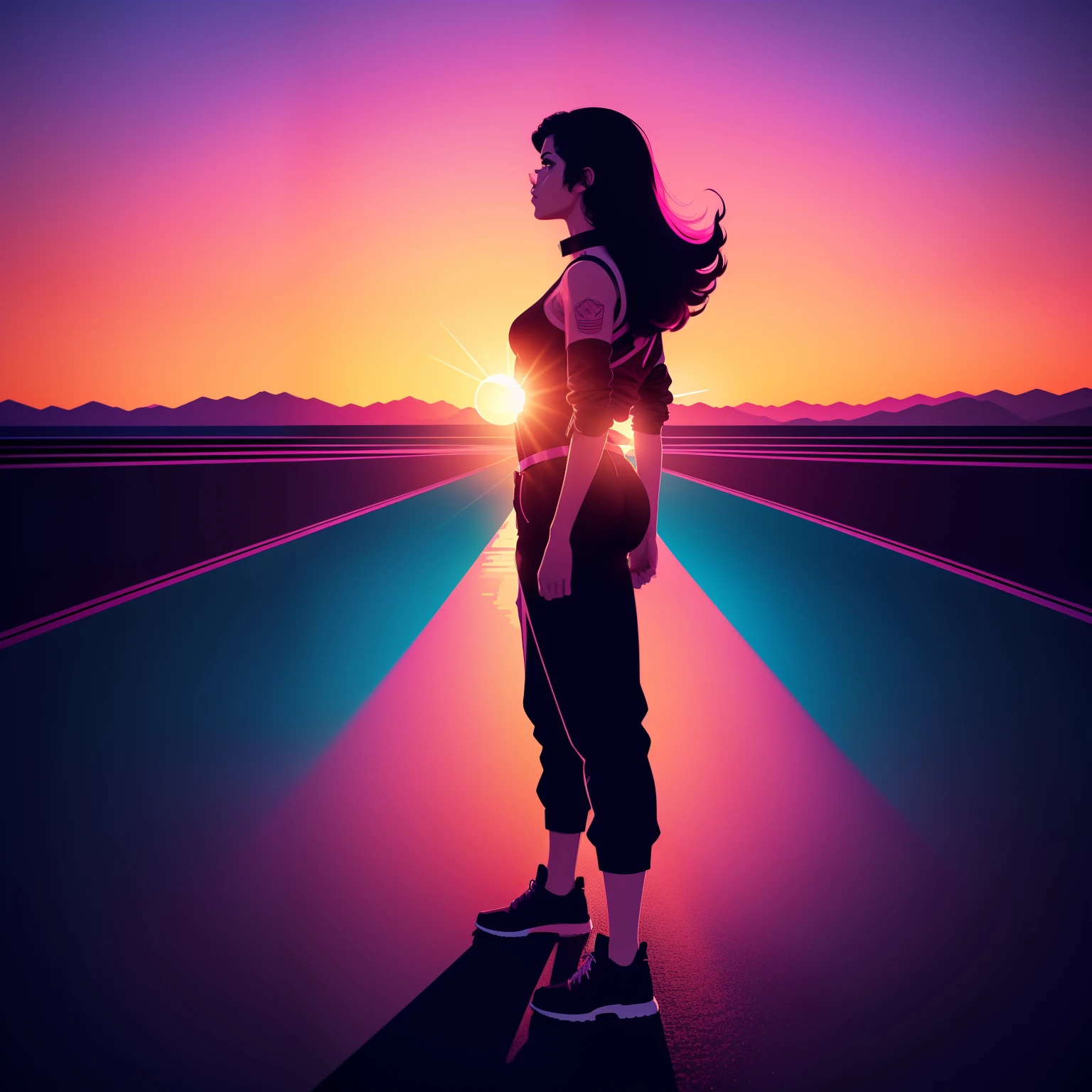 a silhouette of a person standing, sunset illustration, synthwave sunset, art deco outrun anime aesthestic, retrowave art, epic retrowave art, illustration!, synthwave image, vaporwave sunset, ( ( ( synthwave ) ) ), stylized digital illustration, in style of 80s sci-fi art, synthwave