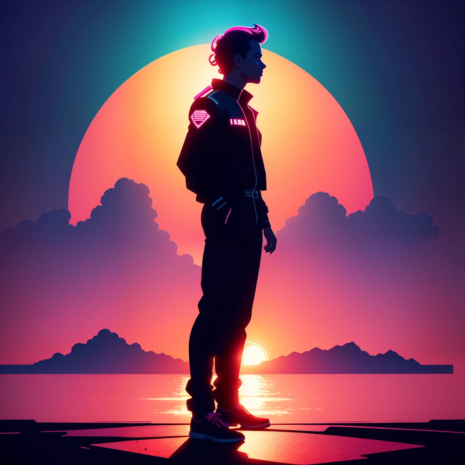 a silhouette of a person standing, sunset illustration, synthwave sunset, art deco outrun anime aesthestic, retrowave art, epic retrowave art, illustration!, synthwave image, vaporwave sunset, ( ( ( synthwave ) ) ), stylized digital illustration, in style of 80s sci-fi art, synthwave