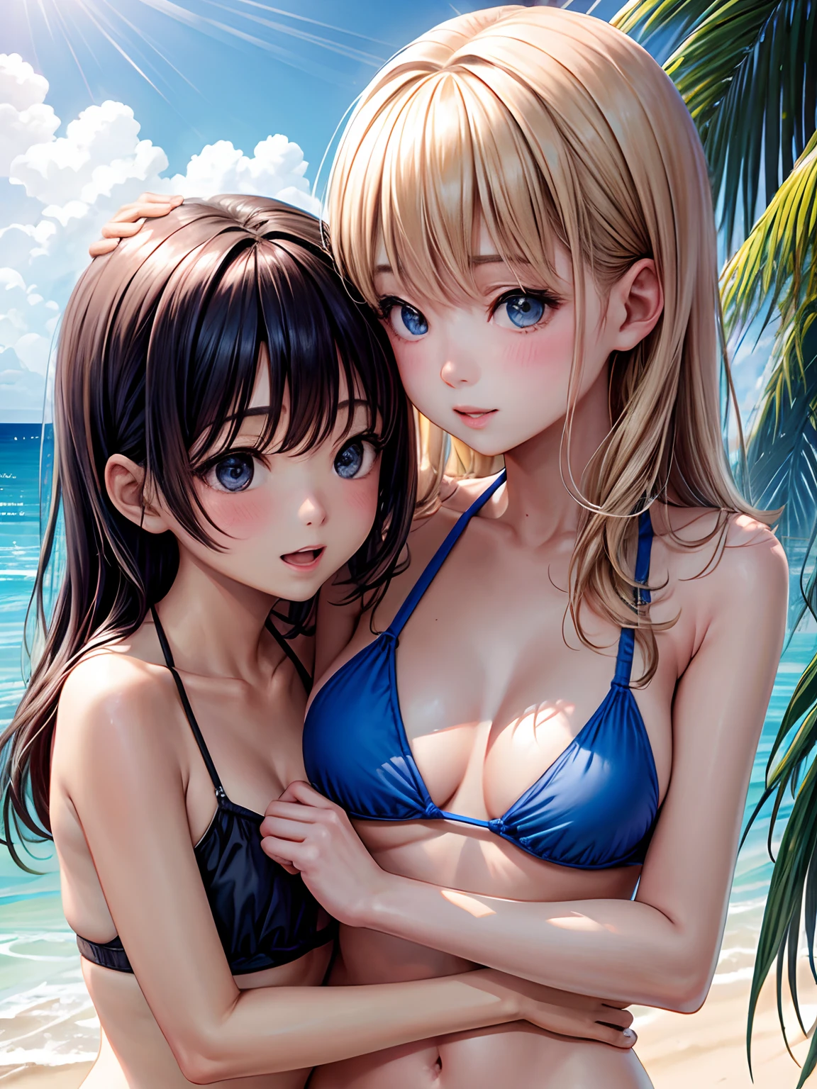 lighting like a movie、Two girls hugging each other、Small bikini、the beach、Colossal tits、Upper Body Up、