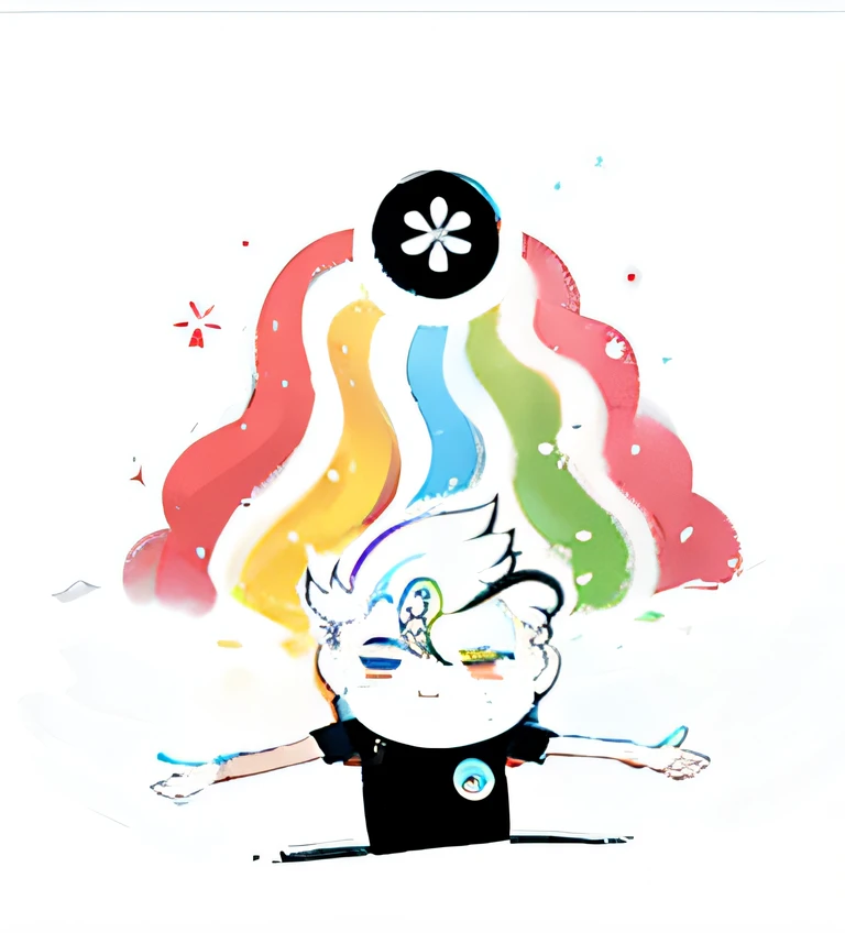 A man holds a frisbee in his hand，The background is a cartoon of a rainbow, brainbow, white hair floating in air, avatar for website, with sprouting rainbow hair, inspired by Kagaku Murakami, no gradien, discord profile picture, Inspired by Murakami, relaxed dwarf with white hair, Profile picture, 🚀🌈🤩, 🚀🚀🚀