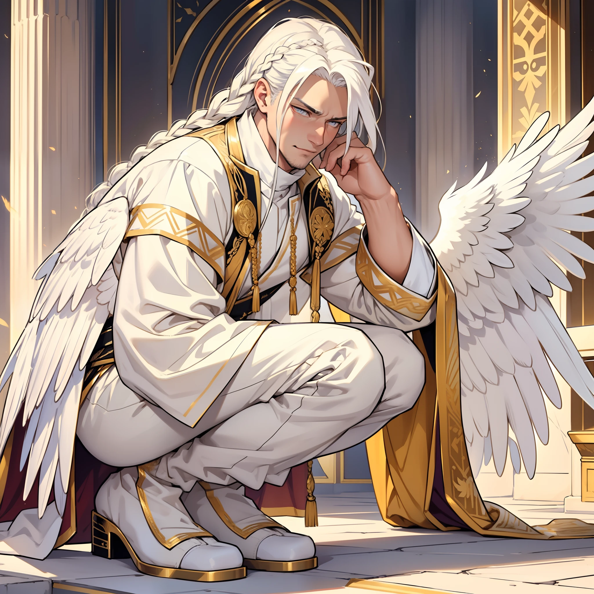 Handsome male. Long white hair. Golden eyes. Roman nose. Shy look. Soft doe eyes. Ecstasy expression. Royal white and gold attire. Huge white wings. Bulge in pants. White Phoenix. Shy. Shy. Braided hair. Bara male. Detailed body. Drooling. Begging. Begging on knees. Ecstasy expression. Aroused