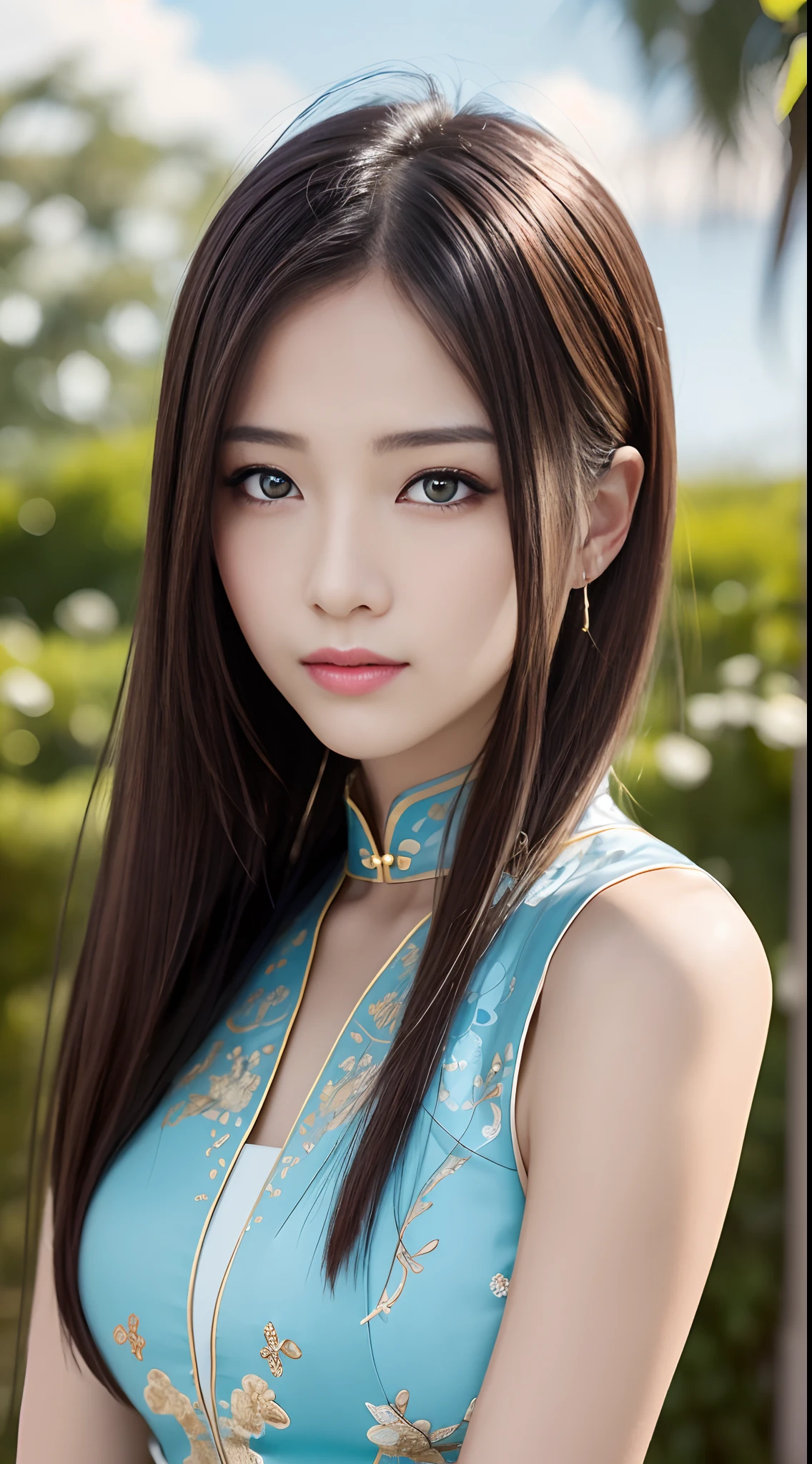 A beautiful 27 year old girl，E cup，Authentic full-body photos，ultraclear，beautiful pupil，，A sweet smile，Delicate fair skin，Realistic and realistic，exquisite and complete facial features，Detailed depiction of the face，二重まぶた，tall nose bridge，Extremely delicate black hair，Feminine temperament，Fill your face light，Golden ratio figure，The front part is slightly sloping forward,Extreme picture quality,Highest accuracy,Precise and perfect human anatomy。Blue sky, white clouds, green plant background，Close-up of different colors of Chinese style cheongsam face，  Hot details ，8k 壁纸（（Ultra-fine face，A detailed description of the facial features））， Lip biting makeup， Sweet smiling， Perfect facial features，Good complexion，By bangs，  hair adornments， 超高分辨率， best qualtiy， high high quality， super detailing，