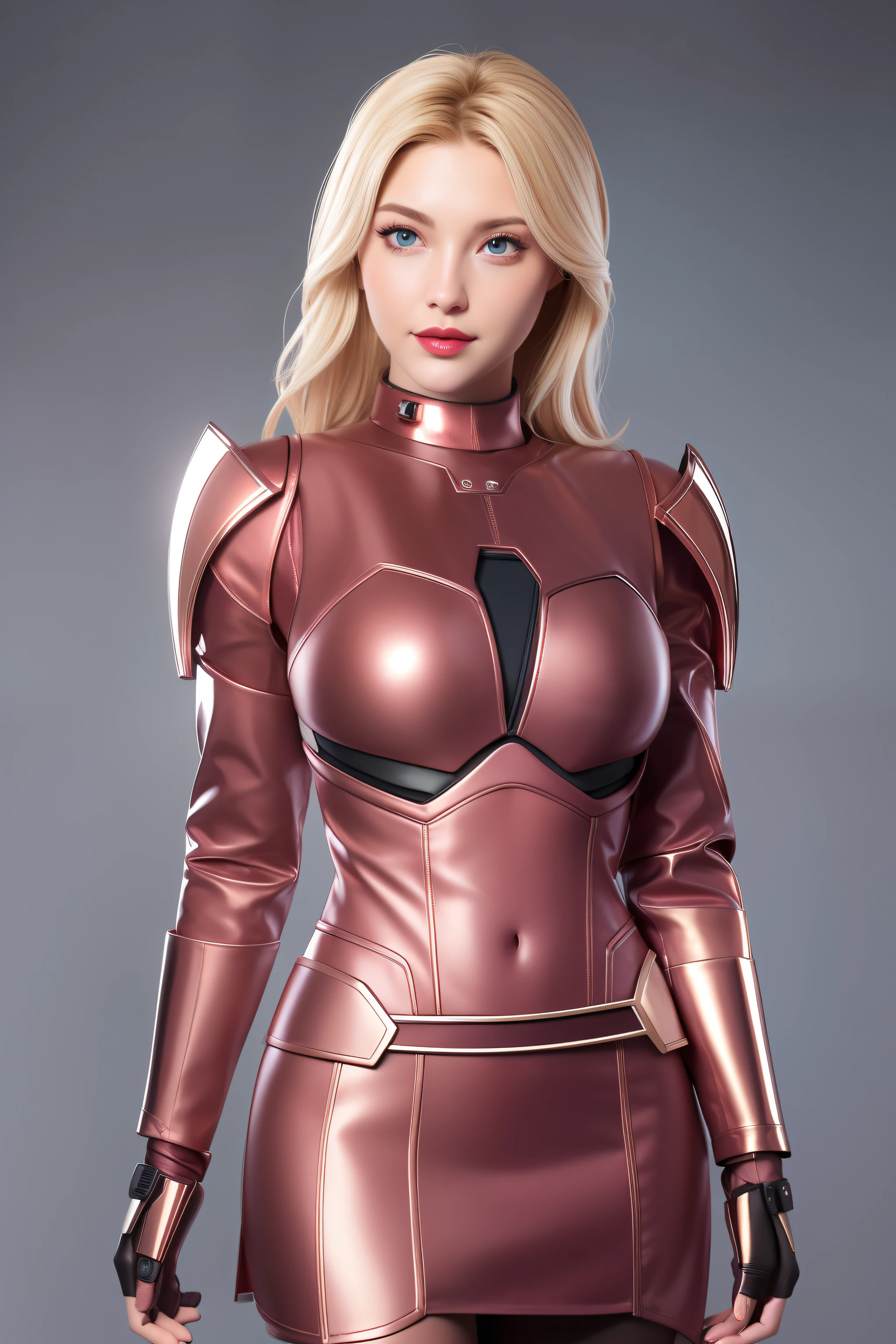 Beautiful Face Woman、a blond、Metallic background、 Beautuful Women、18year old、prety woman、hyper realistic photography、High-definition photos、Red Lipstick、Mandalorian Style Metal Armor Skirt Suit、big eye、The skin is not very exposed、Do not cut your head off the screen、a miniskirt、Robot Machine Suit