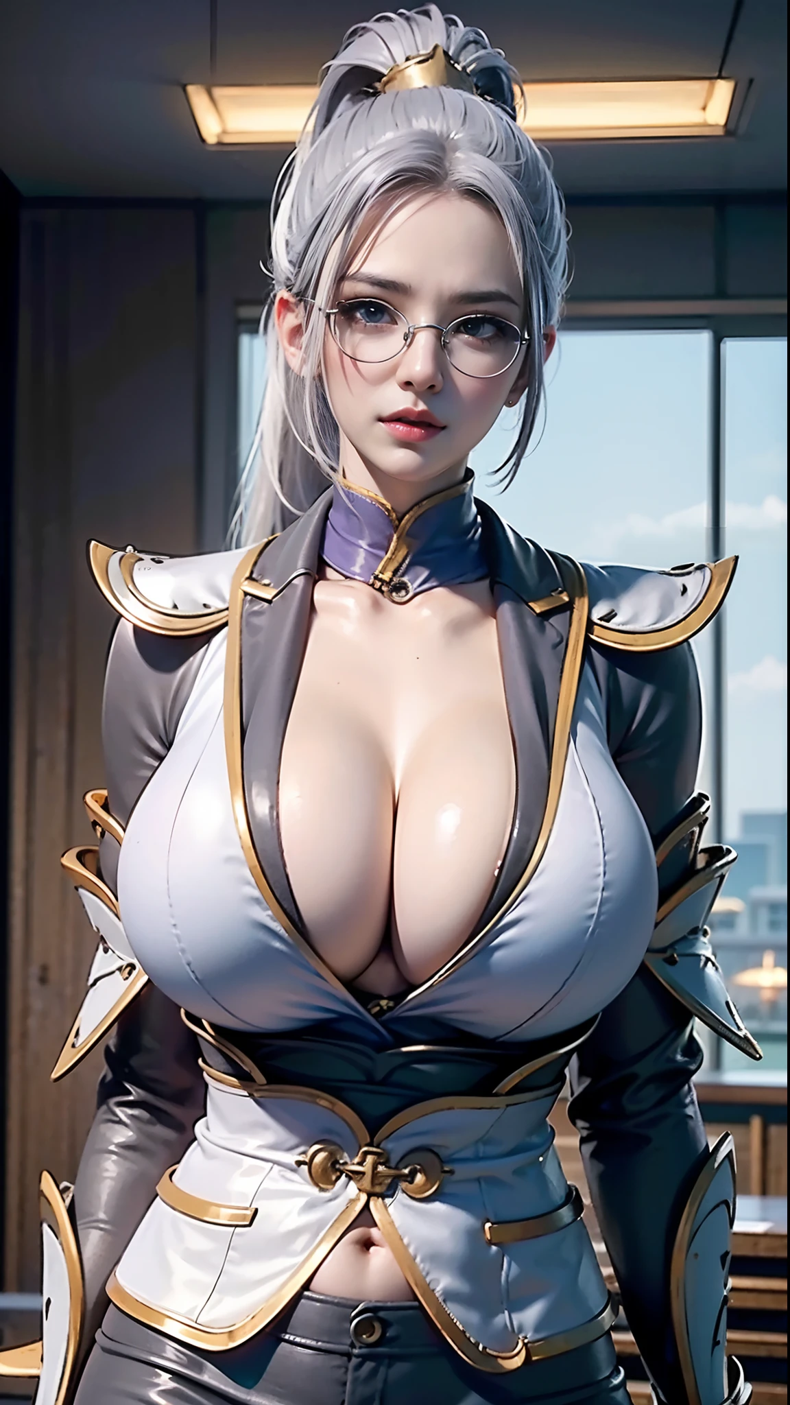 (Top Quality, 8k, 32k, Masterpiece, UHD: 1.2), 1girl standing, beautiful Japan woman, (glasses), thin waist, gray suit, open jacket, office lady, suit, pants, from the front, office, desk, (huge fake breasts:1.5), (round breasts:1.5), (muscle abs:1.3), (sticking out the buttocks:1.2), fine face, ponytail hair,