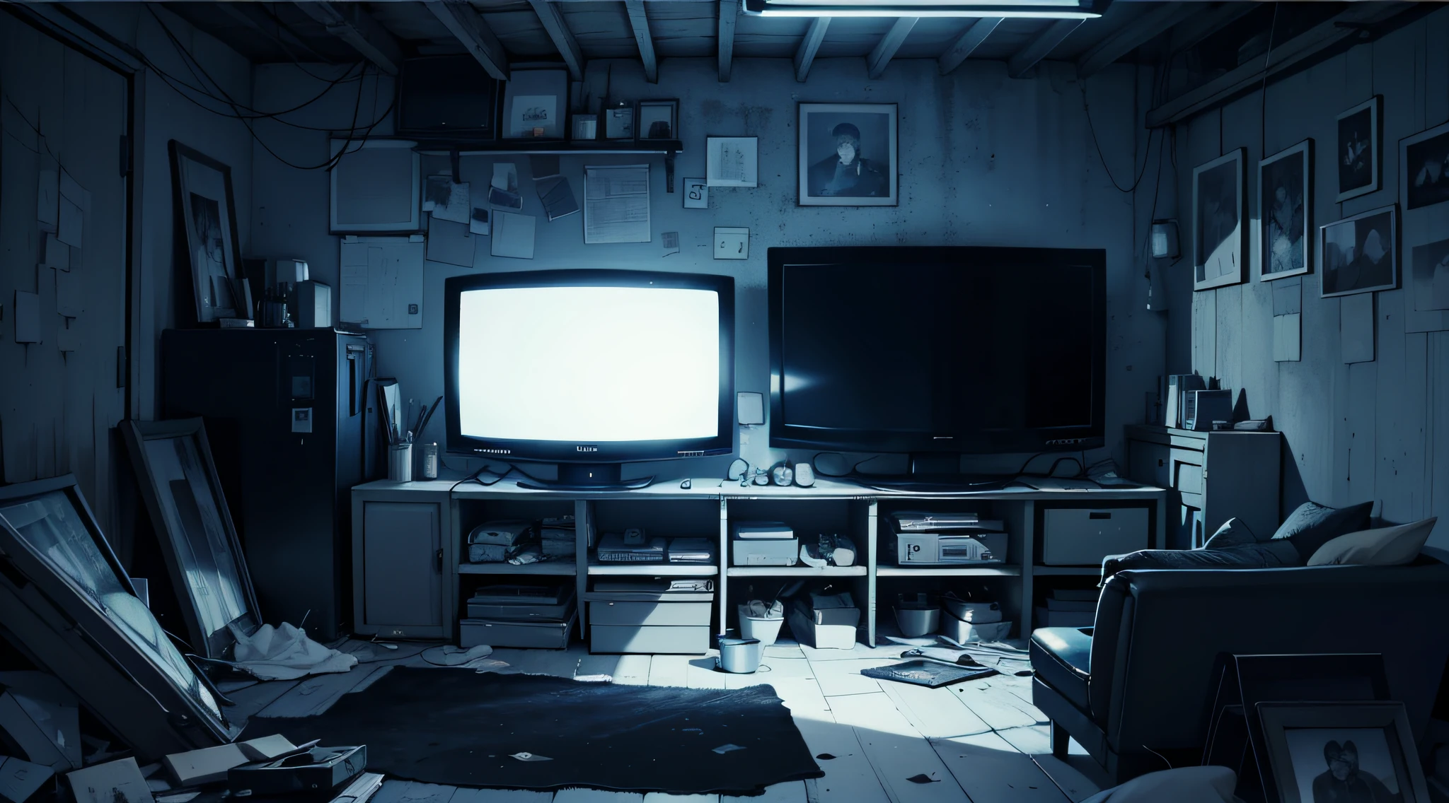 Vintage TV，Poor，Broken，Faded，the night，Dark，dark blue tint，inside in room，natta