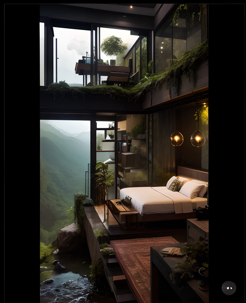 Quarto com vista para as montanhas e varanda, mountainous jungle setting, magical atmosphere, heaven on earth, ambiente luxuoso, lugar aconchegante, integrado nas montanhas, muito perto da natureza real, Ambiente bonito, ambiente tranquilo, jungle setting, ambiente aconchegante, Vista exuberante, ambiente acolhedor e tranquilo, enscape render, large windows to the forest at night