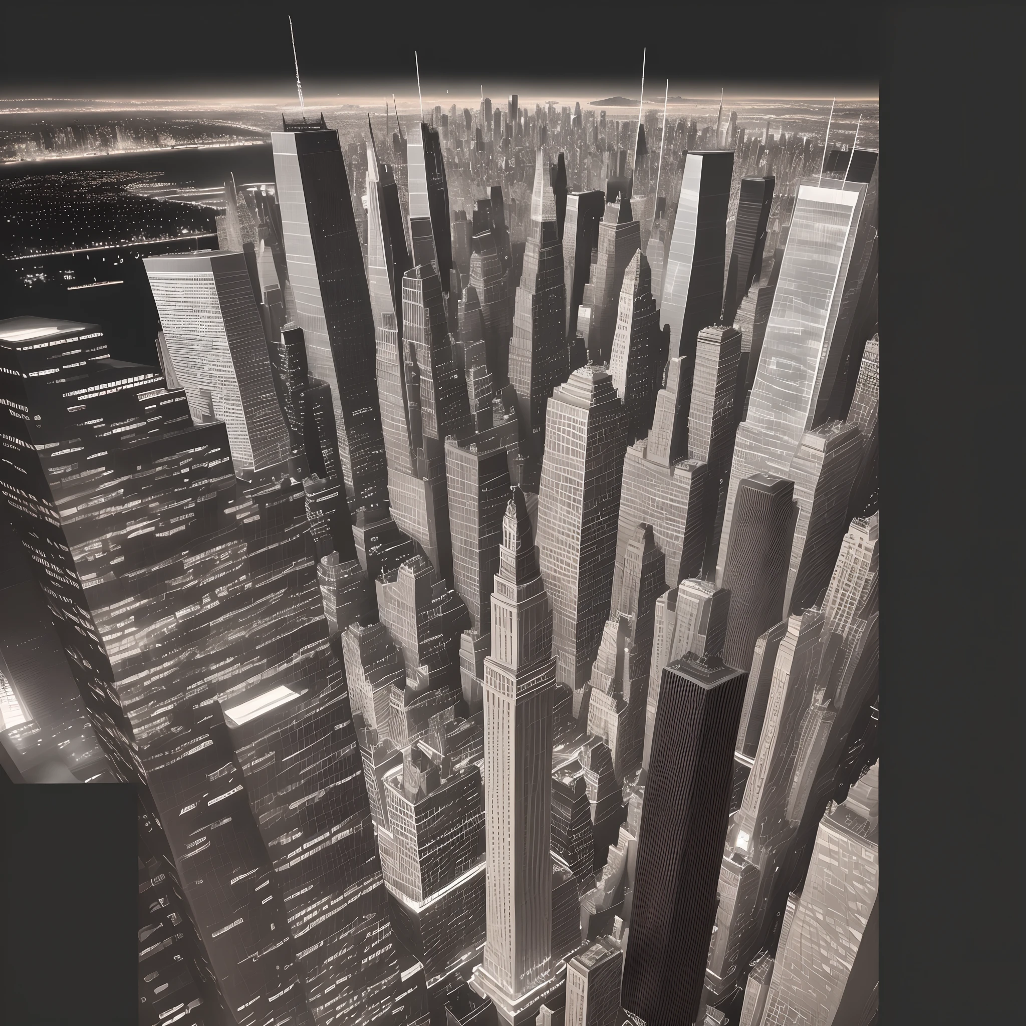 “Create an image of the New York City skyline using only incredibly fine black lines. Capture the essence of the city’s architecture and energy without the use of any other colors or shades.”