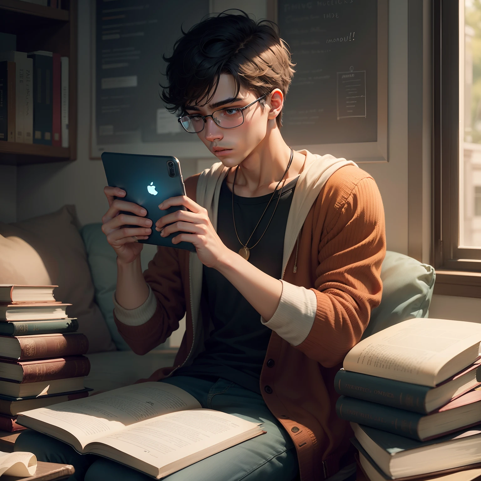 Illustrate a male student juggling smartphone and books, symbolizing the challenge of finding the right balance between academic commitments and limiting excessive social media usage.