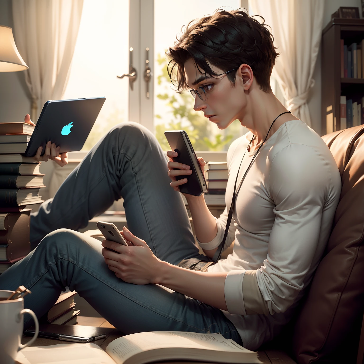 Illustrate a male student juggling smartphone and books, symbolizing the challenge of finding the right balance between academic commitments and limiting excessive social media usage.