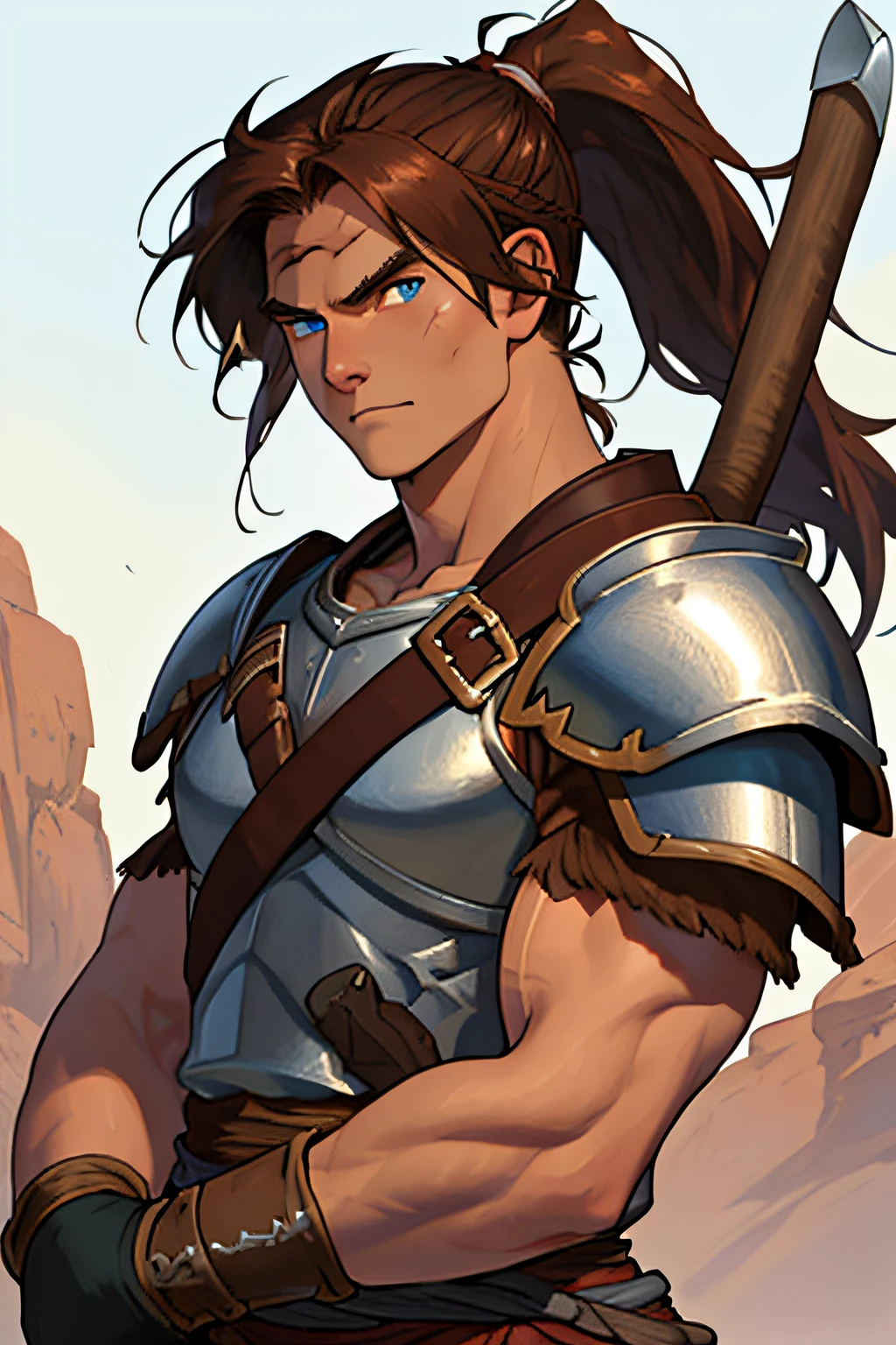 Conan Exiles Style, young warrior with a war axe, highest rated pixiv, muscular body (huge) type narrow waist, barbarian, brown hair, hair in ponytail, blue eyes (detailed eyes), D&D character, brave warrior, human, face attractive, young face, image of skill, armor and shoulder pad on one of his arms, almost naked, disinterested expression