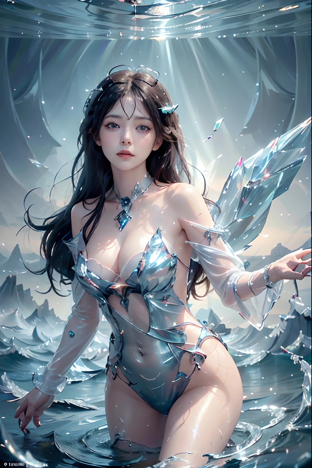 (Masterpiece, Top Quality, Best, Official Art, Beautiful and Aesthetic, Long Exposure: 1.2), Smooth Movement, Fascinating Patterns, 1 Girl, Adult Russian Woman, Freckles, Jade Eyes, Black Lob Hair, Portrait, Solo , upper body, gaze at observer, detailed background, detailed face, (crystallineAI, crystalline theme:1.1), elemental water sprite, spinning water, controlling water, fantasy magician clothes, dynamic pose, floating particles, ethereal dynamics, water , steam, ocean in the background, blue tones, coast, ethereal atmosphere,