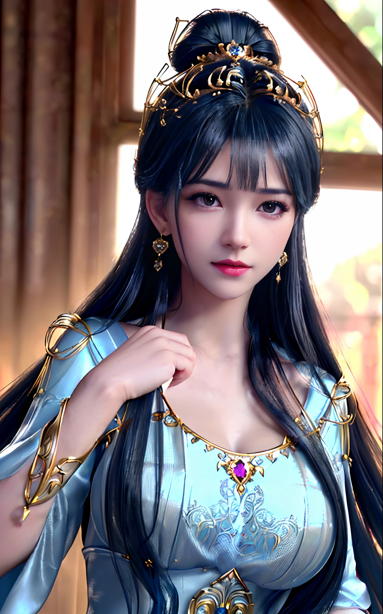 ((realisticity: 1.2)), ((best resolution: 8K UHD)), best quality,masterpiece,highres,cg,
((1 super detailed and super realistic girl)), ((very beautiful queen dazzling, super realistic, and super detailed)),((white skin, beautiful, smooth, youthful, super realistic and super detailed
)), long hair, ((super realistic and super detailed dress)), solo, ((super realistic, super beautiful, gorgeous and super detailed jewelry)), ((super beautiful, super realistic and super detailed dark red and golden yellow dress)),
((super beautiful, super realistic, super detailed diamond filled earrings)),
((super beautiful, super realistic and super detailed diamond filled hair ornament)), ((super beautiful upper body, super beautiful, super realistic and super detailed)), ((: 2.5)),
((super grand, super realistic and super detailed royal palace backgroun))
((super beautiful, super beautiful, super realistic and super detailed hair bun)), ((super beautiful, super realistic and super detailed blue hair)),
candid, Photograph, high resolution, 8k,Bokeh,