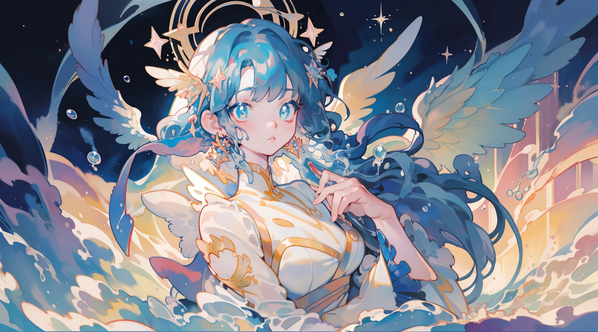 masterpiece, best quality, sharp focus, 8k, intricately detailed environment, anime, watercolor illustration, colorful, bright colors, whimsical, glowing lights, liquid otherworldly, fairy lights, beautiful girl in flowing liquid glowing dress, perfect face, golden ratio, sparkling eyes, watercolor, liquid light, angel wings