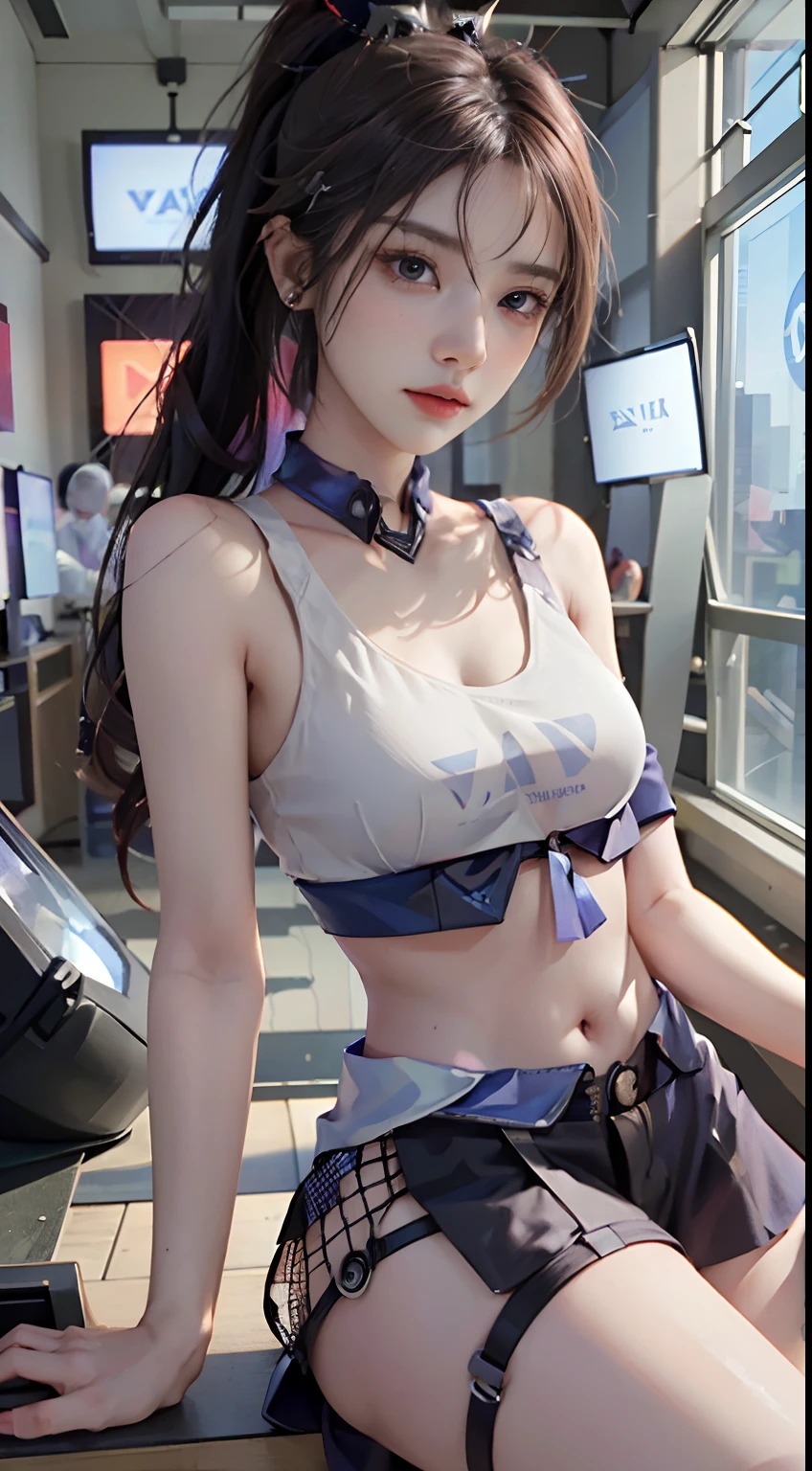 (((((7 avatar shot)))), Silver Wolf, Masterpiece, Best Quality, Ultra Detailed, Extremely Detailed 16k CG Wallpaper, Beautiful Face, (Silver Wolf in Esports Room), (Perfect Beautiful Curved Figure), Seated, Rainbow Color Jewel Eyes, Wearing Resin Hologram Sports Bra, Crop Top Drape, Mini Pleated Skirt, Bell Collar, Logo, Impotence, Contour Light, Concert, Neon Sign, Audio, Bell Collar, Esports Headset, Computer, Esports Room, Play Games, White Interior Through Red Skin, holographic projection, flat sphere, graffiti logo, highly detailed tattoo_,
Authoring information