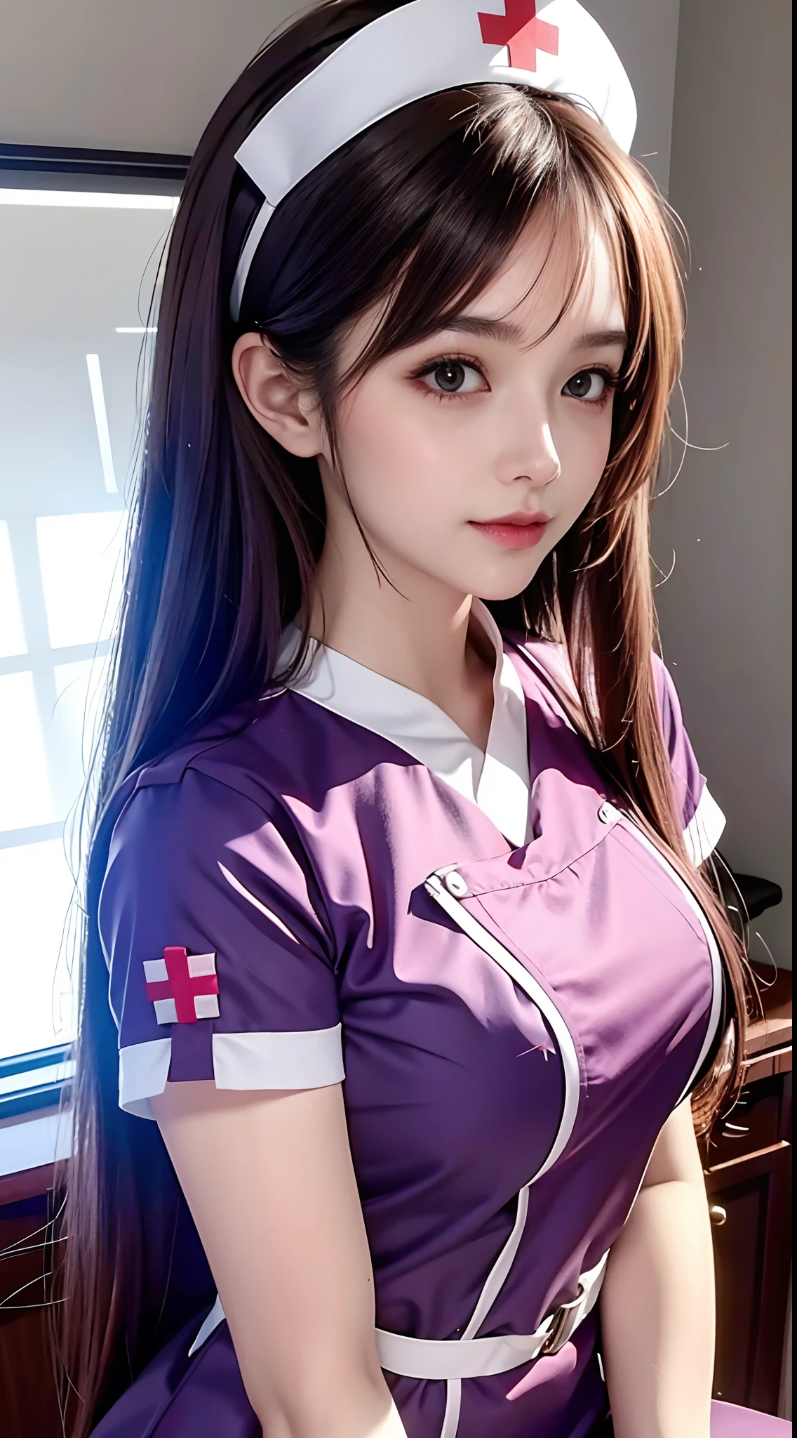 8K ultra hd, masterpiece, ray tracing, a girl, good face, ulta long hair, brown hair, realistic hair, nurse, nurse purple dress, white light, happy, cute, clinic background, whole body capture, cute pose, photo Realistic,