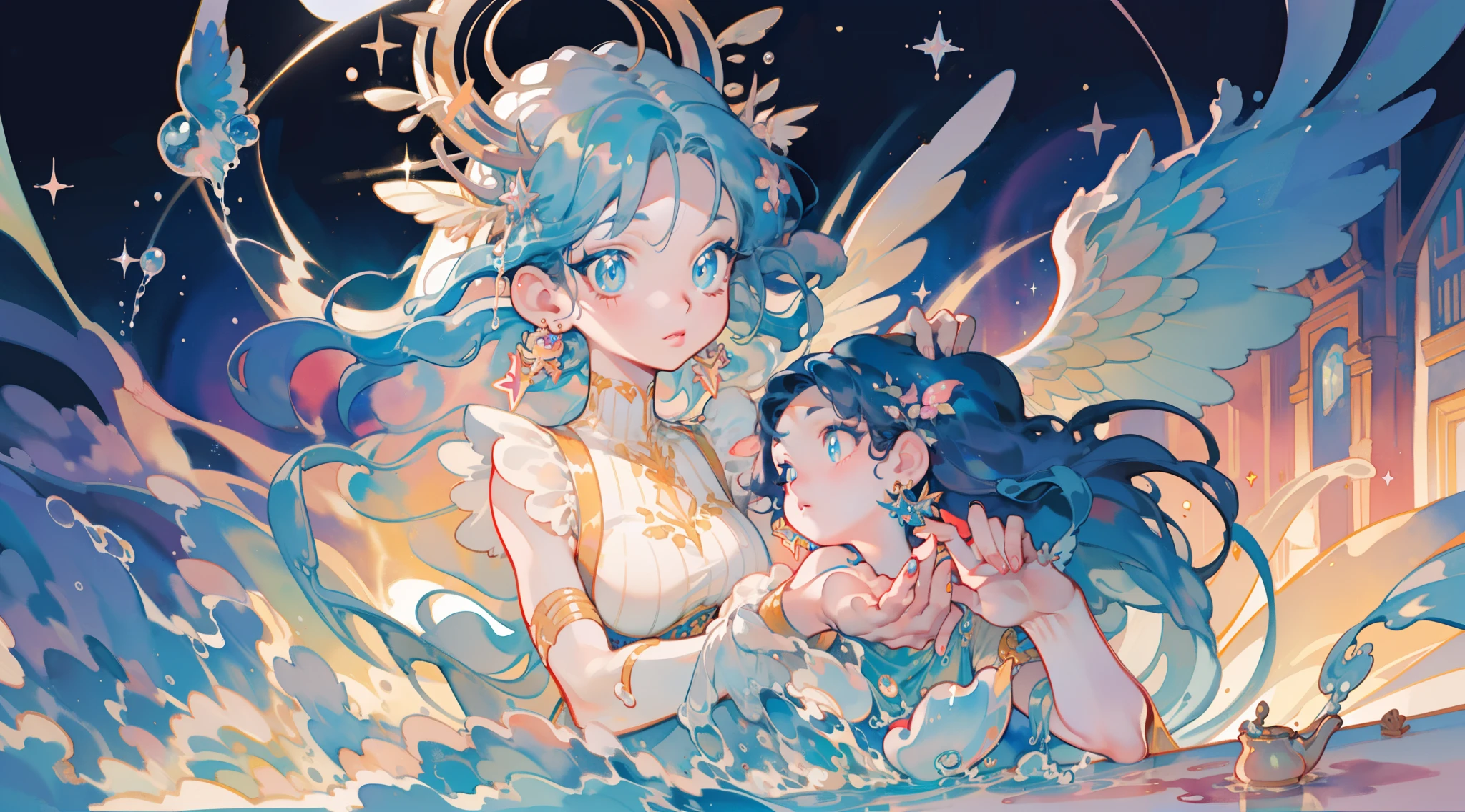 masterpiece, best quality, sharp focus, 8k, intricately detailed environment, anime, watercolor illustration, colorful, bright colors, whimsical, glowing lights, liquid otherworldly, fairy lights, beautiful girl in flowing liquid glowing dress, perfect face, golden ratio, sparkling eyes, watercolor, liquid light, angel wings