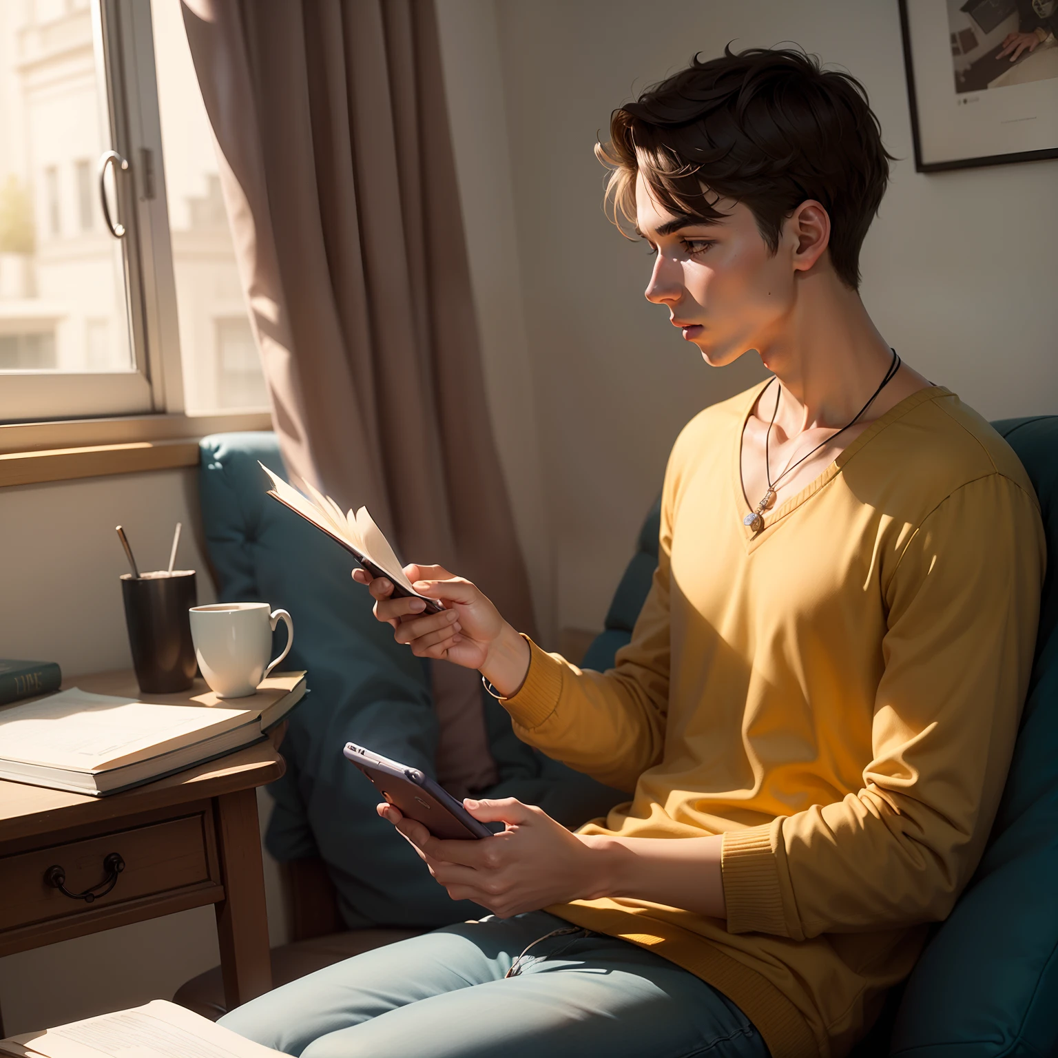 Illustrate a male student juggling smartphone and books, symbolizing the challenge of finding the right balance between academic commitments and limiting excessive social media usage.