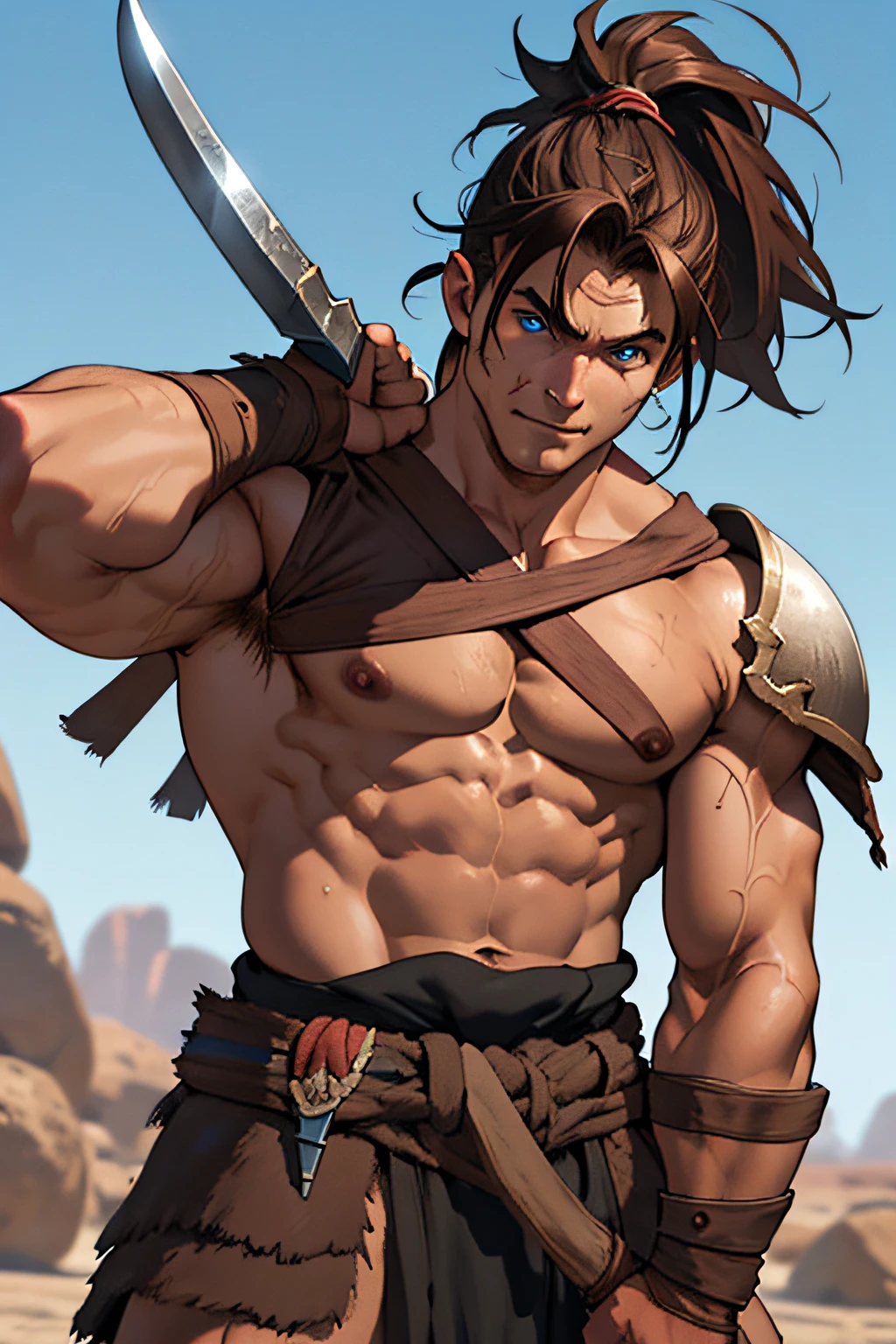 Conan Exiles Style, young warrior with a war axe, highest rated pixiv, muscular body type, barbarian, brown hair, hair in ponytail, blue eyes (detailed eyes), D&D character, brave warrior, human, face attractive, young face, image of skill, armor and shoulder pad on one of his arms, almost naked