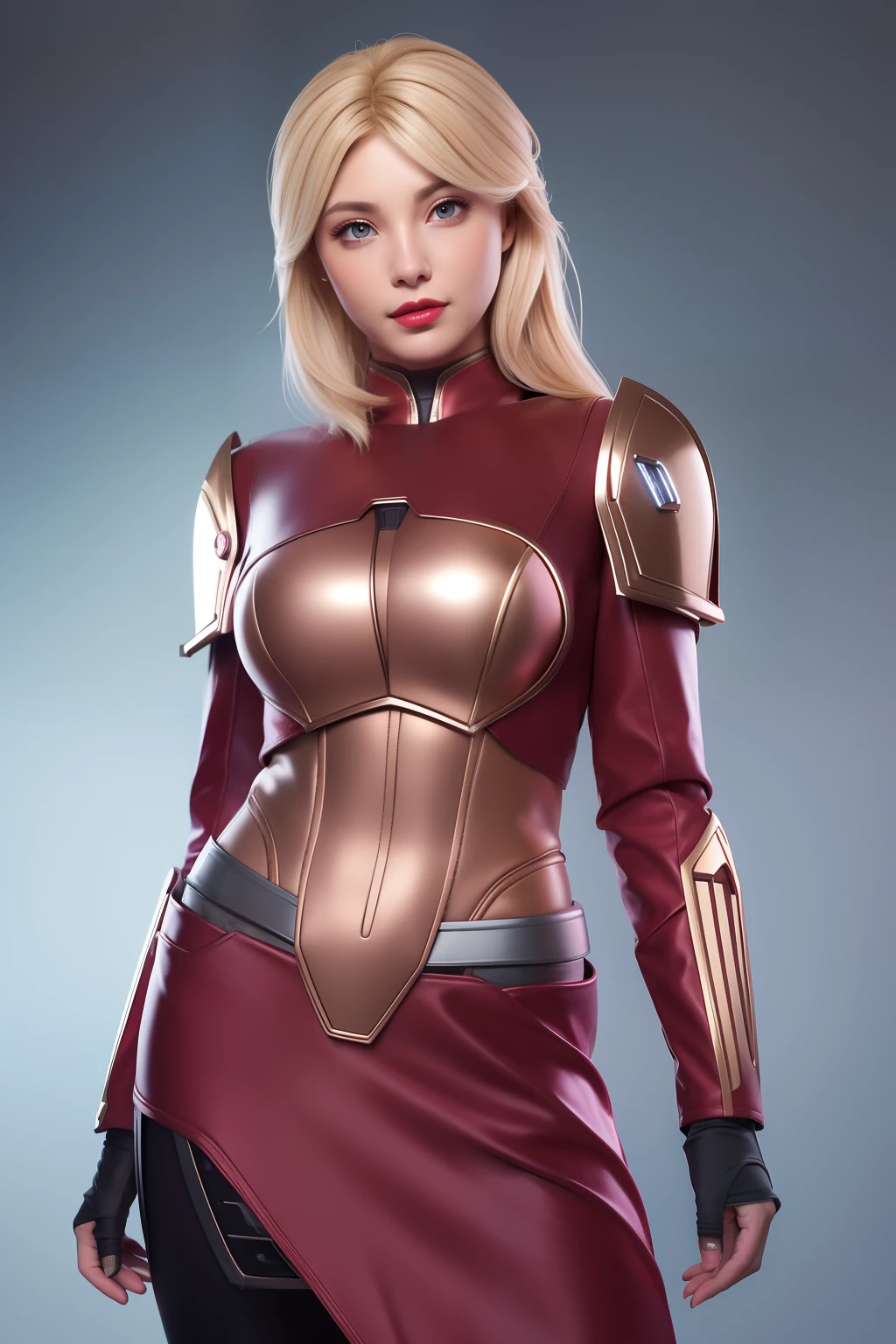 Beautiful Face Woman、a blond、Metallic background、 Beautuful Women、18year old、prety woman、hyper realistic photography、High-definition photos、Red Lipstick、Mandalorian Style Metal Armor Skirt Suit、big eye、The skin is not very exposed、Do not cut your head off the screen、skirt by the、Robot Machine Suit