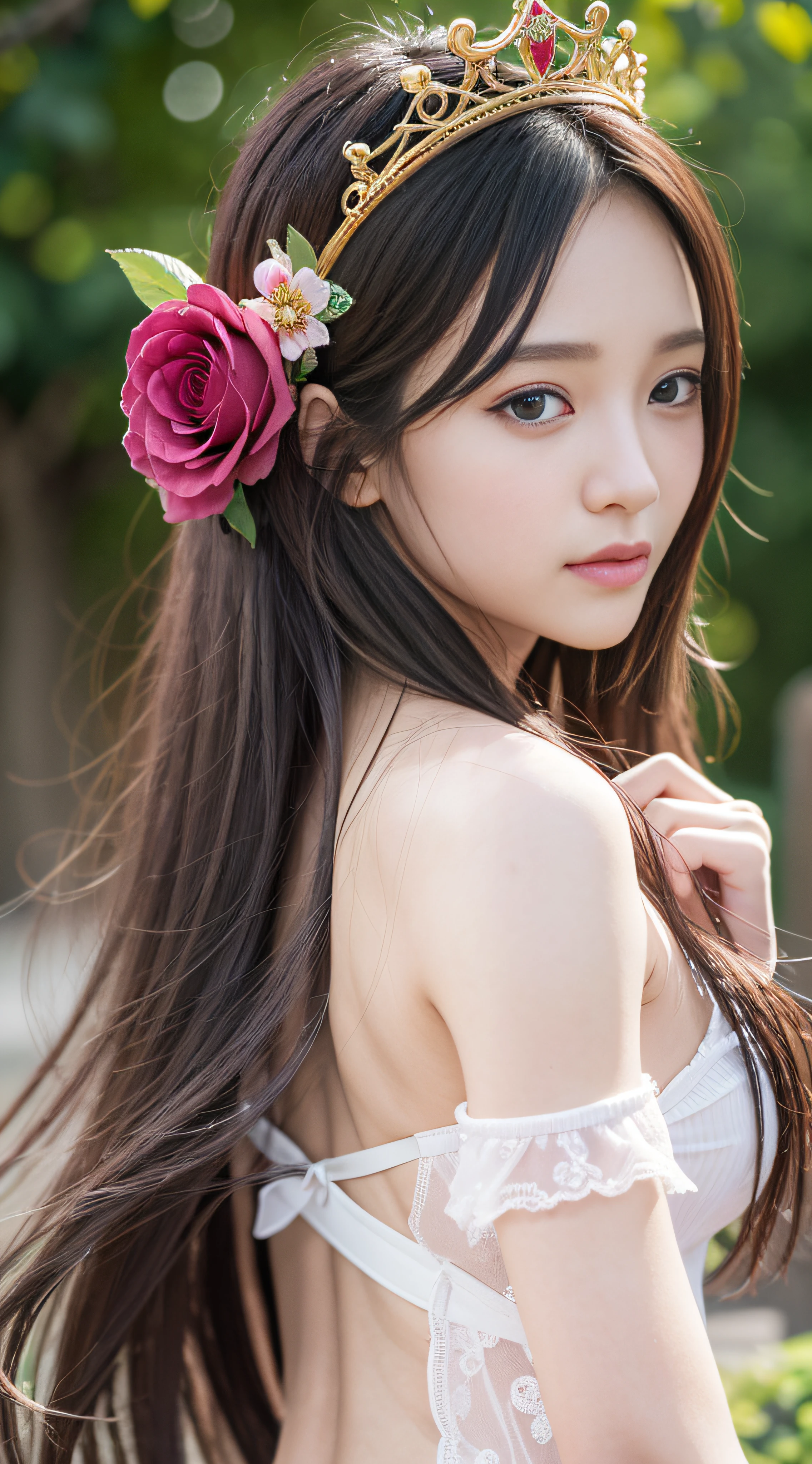 1girll，20 yrs，Beautiful vintage colors，Instagram（realisticlying，A high resolution：1.4），（puffy eye）），fully body photo（8K，RAW photos，best qualtiy，tmasterpiece：1.2），（realisticlying，Photorealistic and realistic：1.37），（Sharp focus：1.2），profesional lighting，photon maping，Radio City，physically-based renderingt，（paleskin：1.2），，（little breast：1.5），（Hair in the middle：1.2），（Front close-up），（Black hair：1.2），By bangs， 独奏，  (stands in the garden:1.3)， realisticlying， （tmasterpiece：1.4），（best qualtiy：1.4），（shiny skins），Fahi girl，putting makeup on，（Keep one's mouth shut：1.4），（being thin，is shy，：1.3），（wonderful dress：1.2）， Urzang-6500-V1 Edition, Edition, Edition.1， PureErosFace_V1， surrounded by colorful roses， (Sunset:1.3)，((Slim body))，tiara crown，Bokeh，hyper HD，(Vibrant and Colorful:1.3)，