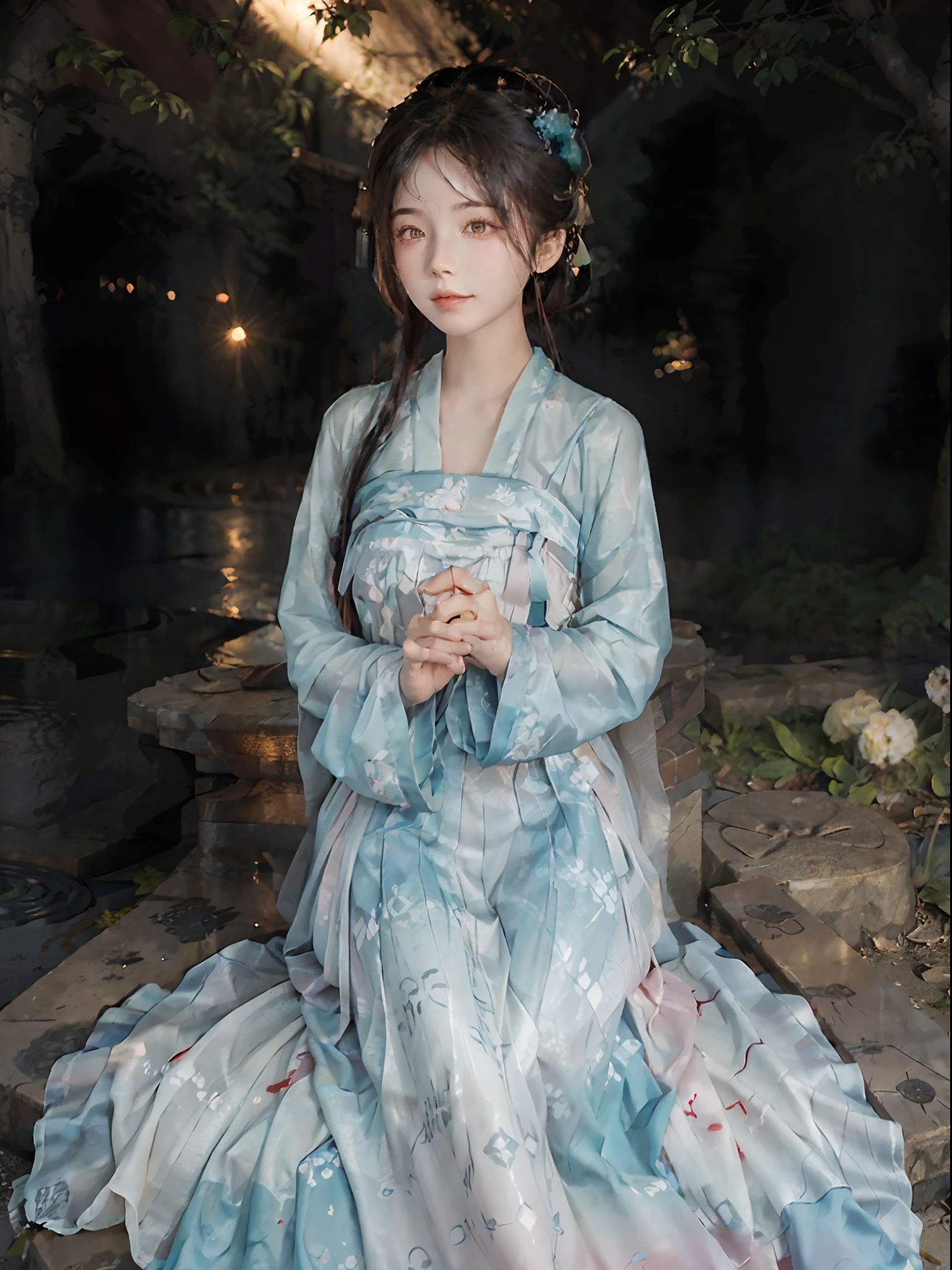 (Chinese landscape), (Zen, Emisore style), 1 girl, upper body portrait close-up, hazy beauty, extremely beautiful facial features, blue Hanfu, hairpins on the head, (spring, rainy days, terraces, mountains), simple vector art, contemporary Chinese art, color gradient, pastel color palette, layered form, whimsical picture