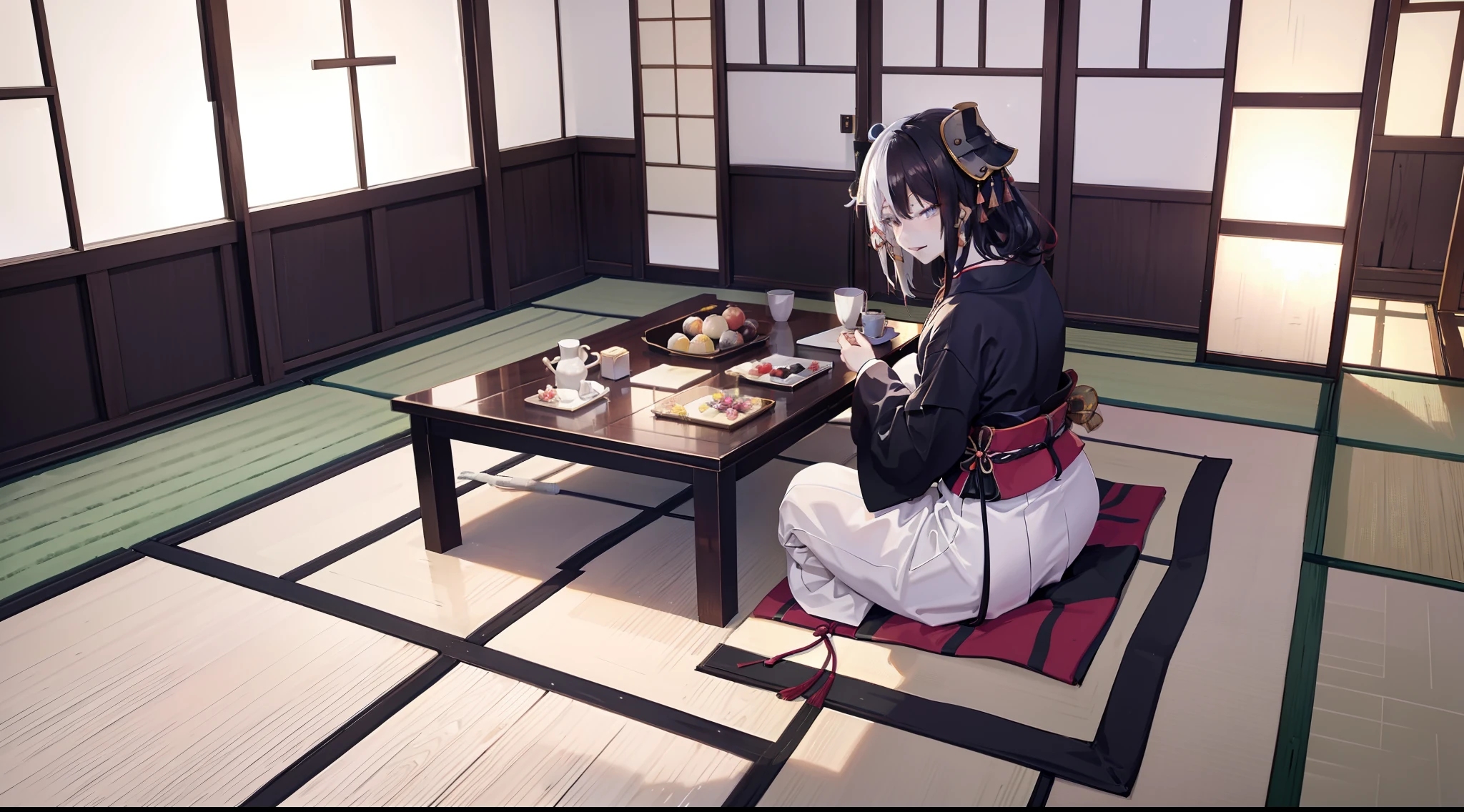 traditional japanese house, inside, traditional japanese outfit, kimono, tatami mats, Japanese sliding doors, bamboo, naughty smile, domineering smile, arrogant expression, cocky attitude, masterpiece, best quality,
