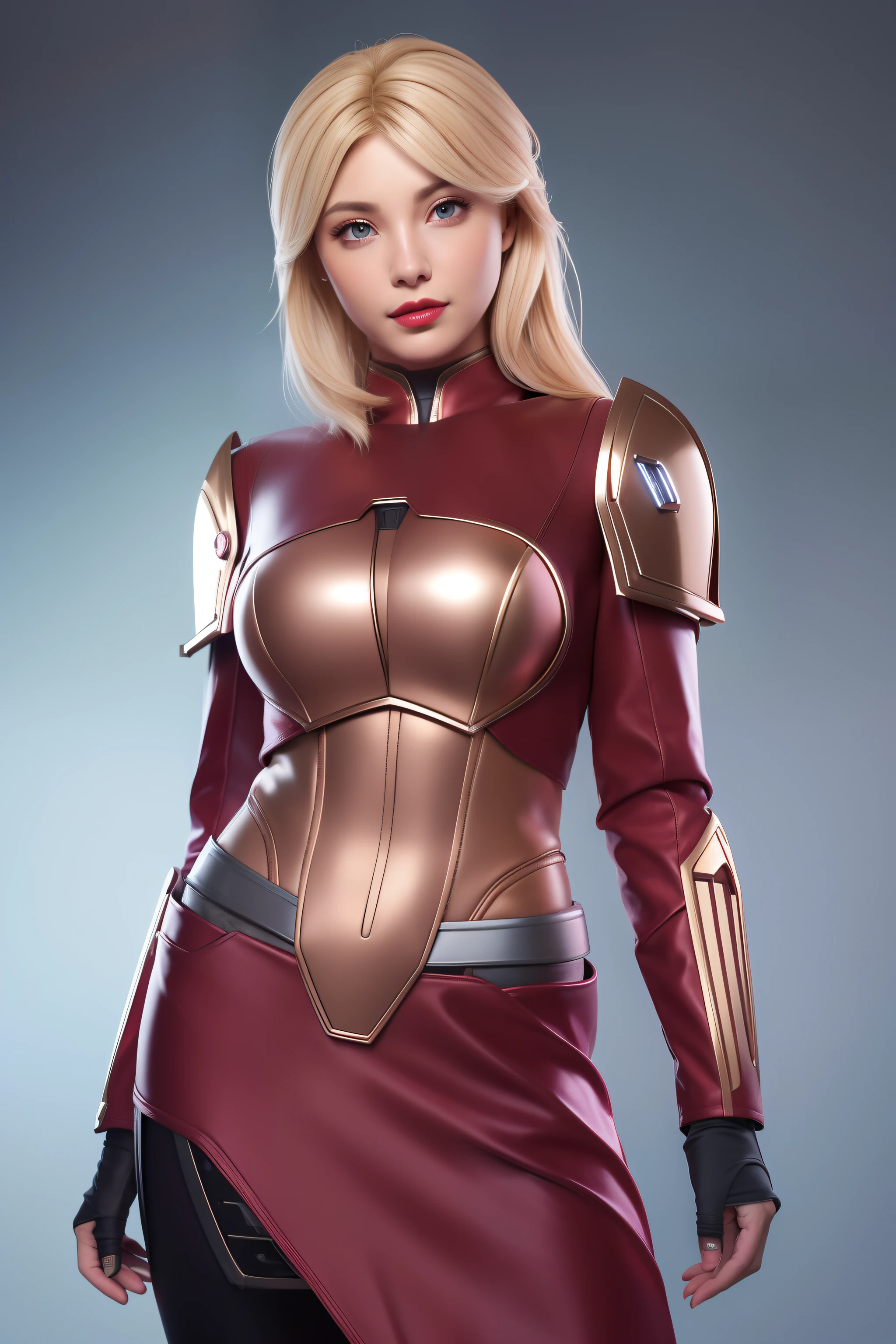 Beautiful Face Woman、a blond、Metallic background、 Beautuful Women、18year old、prety woman、hyper realistic photography、High-definition photos、Red Lipstick、Mandalorian Style Metal Armor Skirt Suit、big eye、The skin is not very exposed、Do not cut your head off the screen、skirt by the、Robot Machine Suit