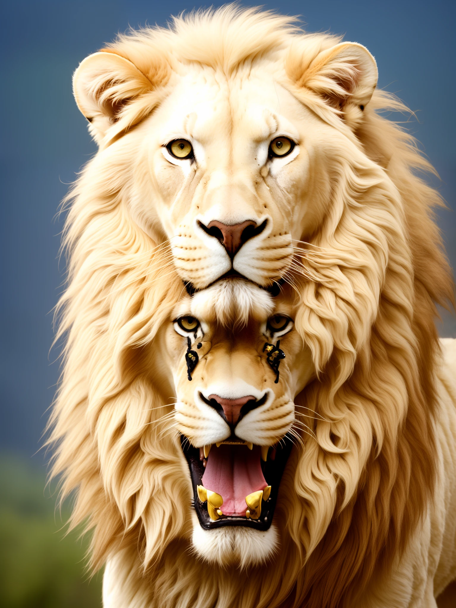 white lion, majestoso, Spirituality style with golden adornment on the head