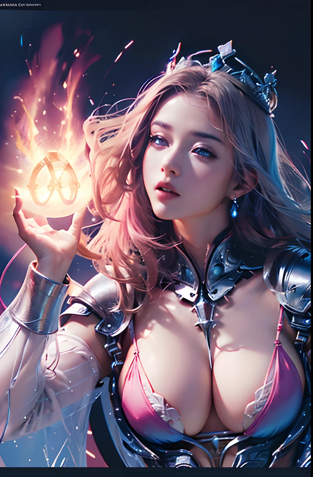 Official Art, Unity 8k wallpaper, ultra detail, masterpiece, best quality, one woman, (very detailed),(RAW photo, best quality),(realistic, photorealistic:1.3),high definition, opening your mouth lightly, ultra-detailed complex 3D rendering of face, (big breasts: 8.8), (highly detailed skin: 1.2), (exposure: 1.1), beautiful caucasian woman with big ass full soft breasts and white skinThe (topless), chest, black hair, blue eyes, long hair, ( ( ( transparent silk pink string micro bikini)), dynamic angle, mystical expression, fire glow effect, fantasy background, rim lighting, side light, cinematic light, ultra high definition, 8k, film grain,best shadow, light particles, detailed skin texture, detailed gem armor texture, detailed face, intricate details, super detailed, bright, strong, silver armor, cleavage, slender abs, have glowing weapons, have a shield, pole dron, (beautiful huge crown with detail)), shining eyes, long purple cloak, fantasy, (realistic),
